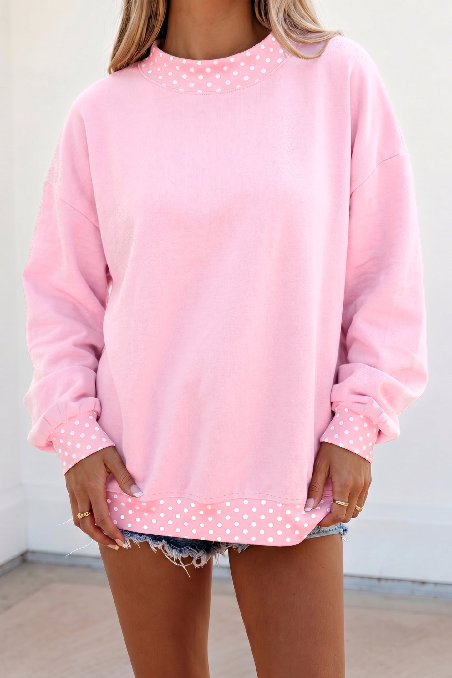 Burgundy Colorblock Polka Dot Contrast Trim Oversized Sweatshirt