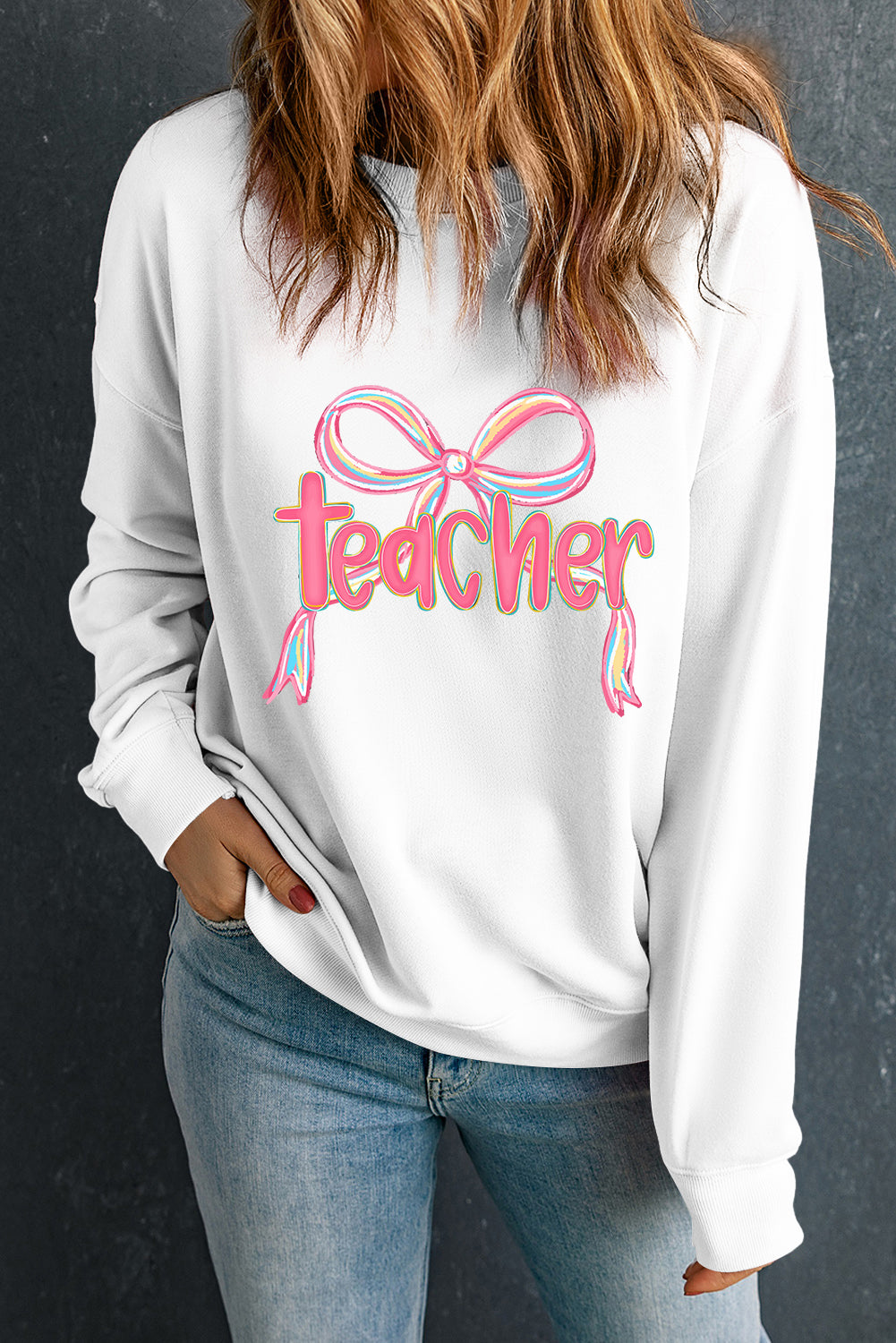 White Teacher Bow PNG Graphic Pullover Sweatshirt