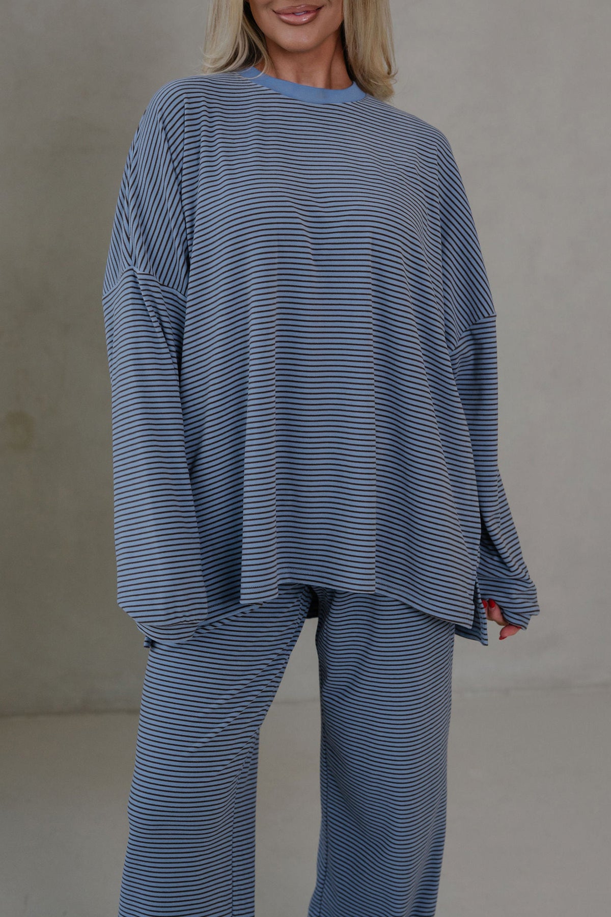 Brown Stripe Contrast Trim Round Neck Oversize Long Sleeve Top 2pcs Pant Set