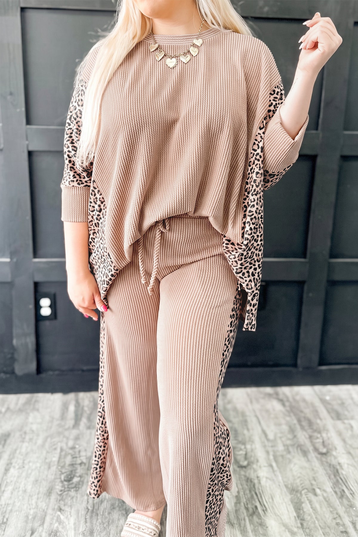 Parchment Leopard Print Twisted Ribbed Patchwork Long Sleeve Top Loose Pant Set