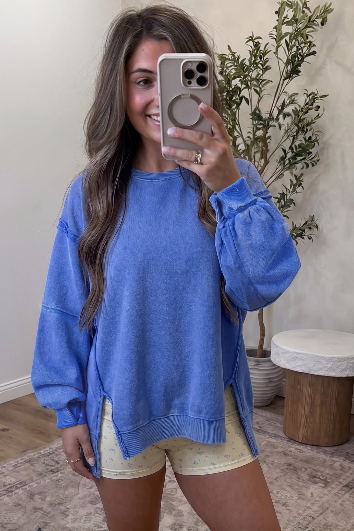 Sky Blue Mineral Wash Split Hem Loose Tunic Sweatshirt