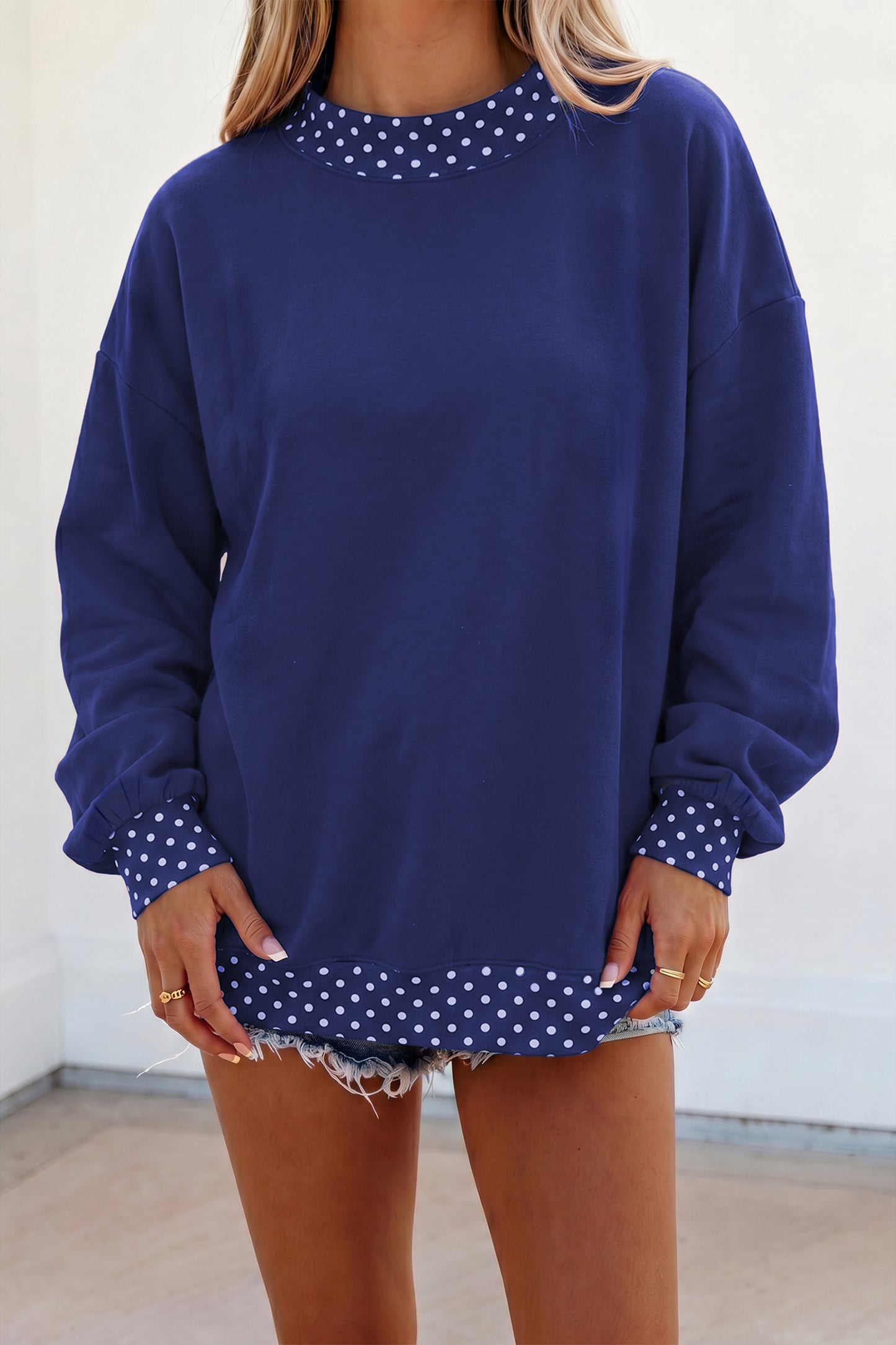 Burgundy Colorblock Polka Dot Contrast Trim Oversized Sweatshirt