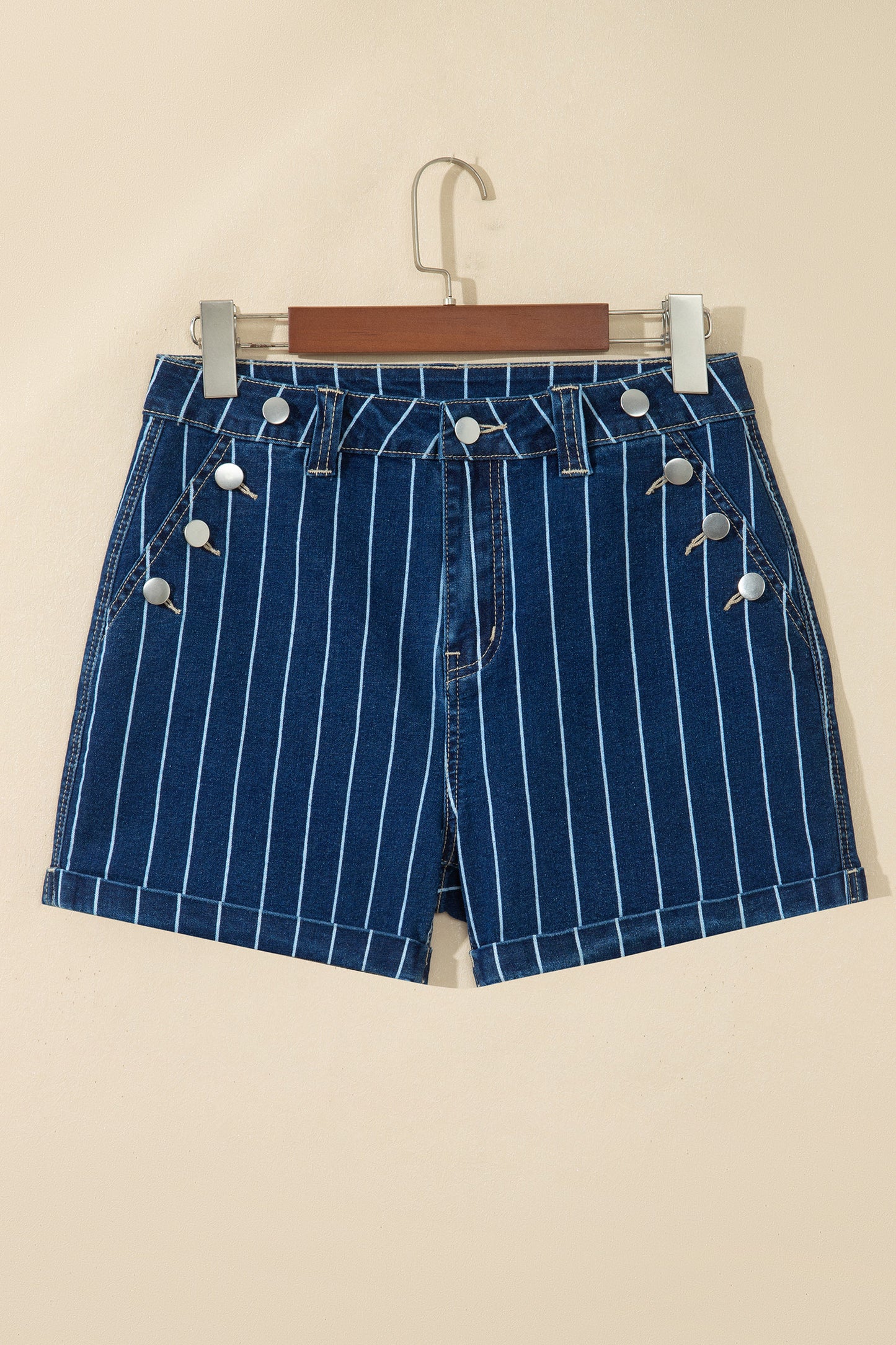 Blue Stripe Metal Button Detail Womens Denim Shorts