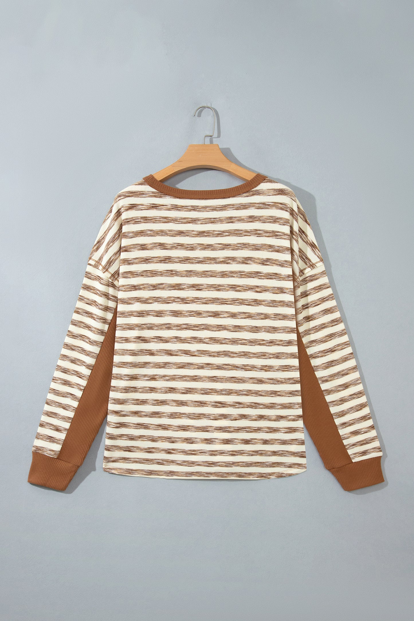 Brown Stripe Textured Knit Color Block Trim Long Sleeve Round Neck Top
