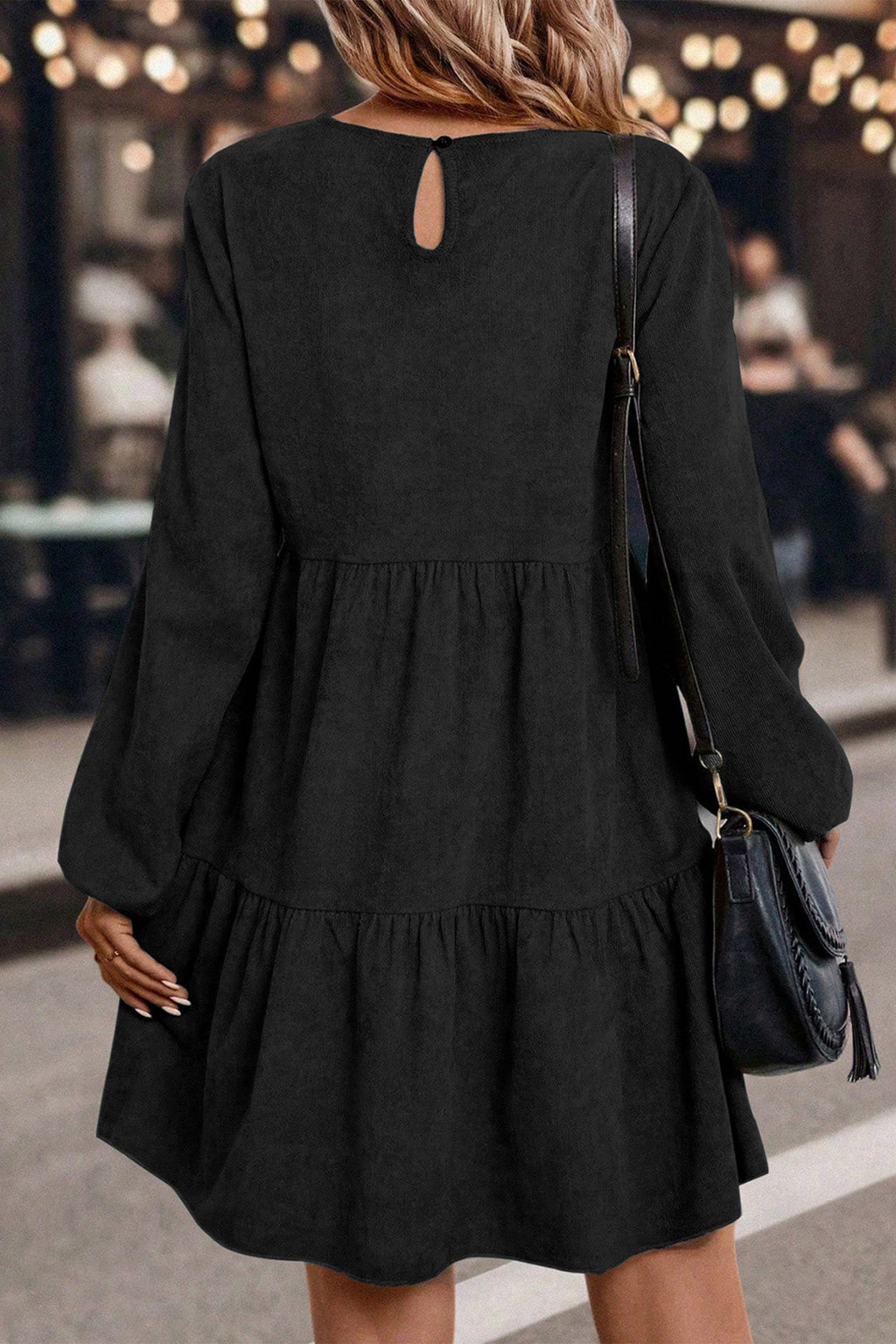 Dark Brown Lantern Sleeve Tiered Mini Dress