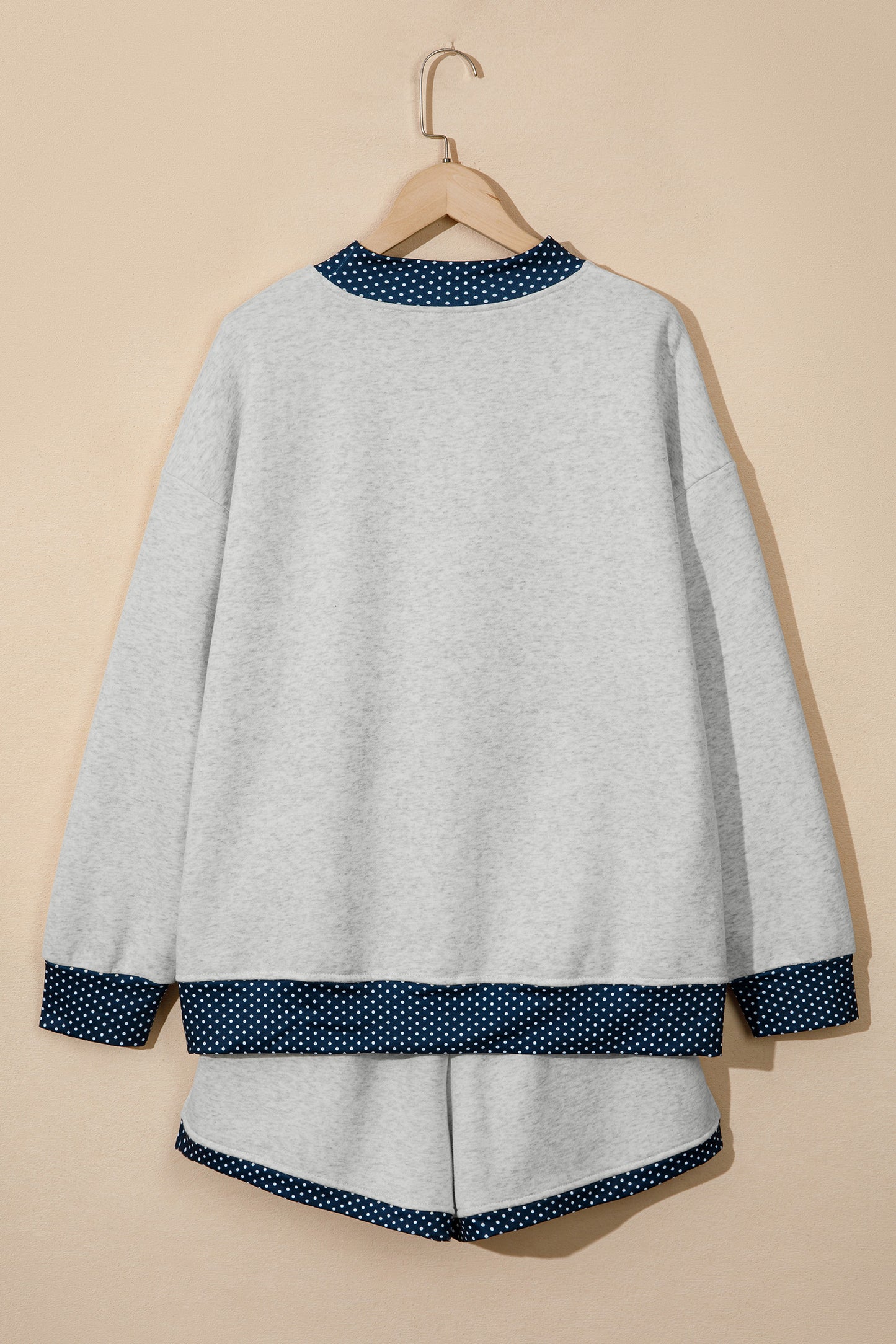 Light Grey Polka Dot Patchwork Mock Neck Pullover Casual Shorts Set