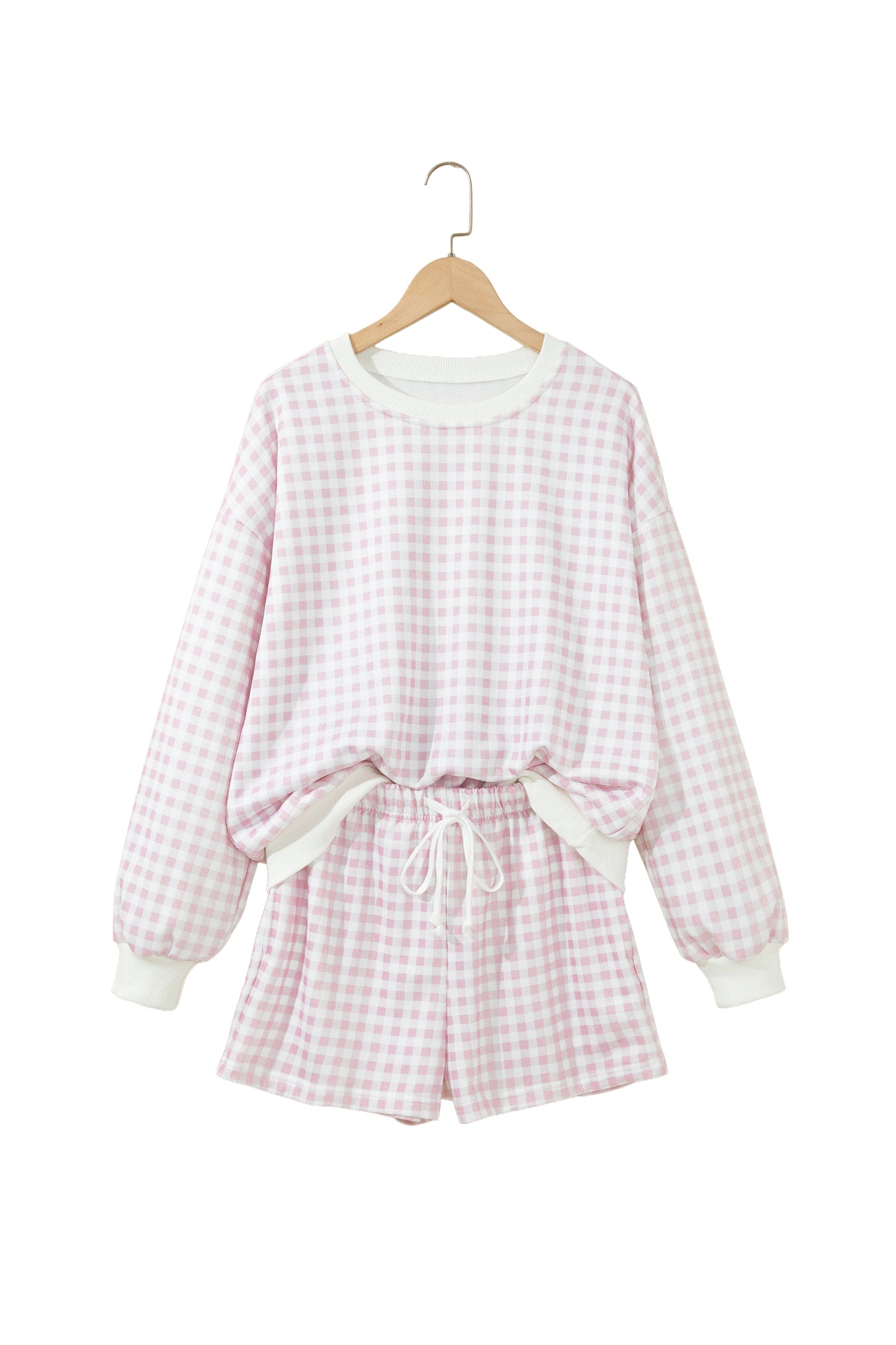 Pink Plaid Baggy Pullover Drawstring Casual Shorts 2pcs Outfit