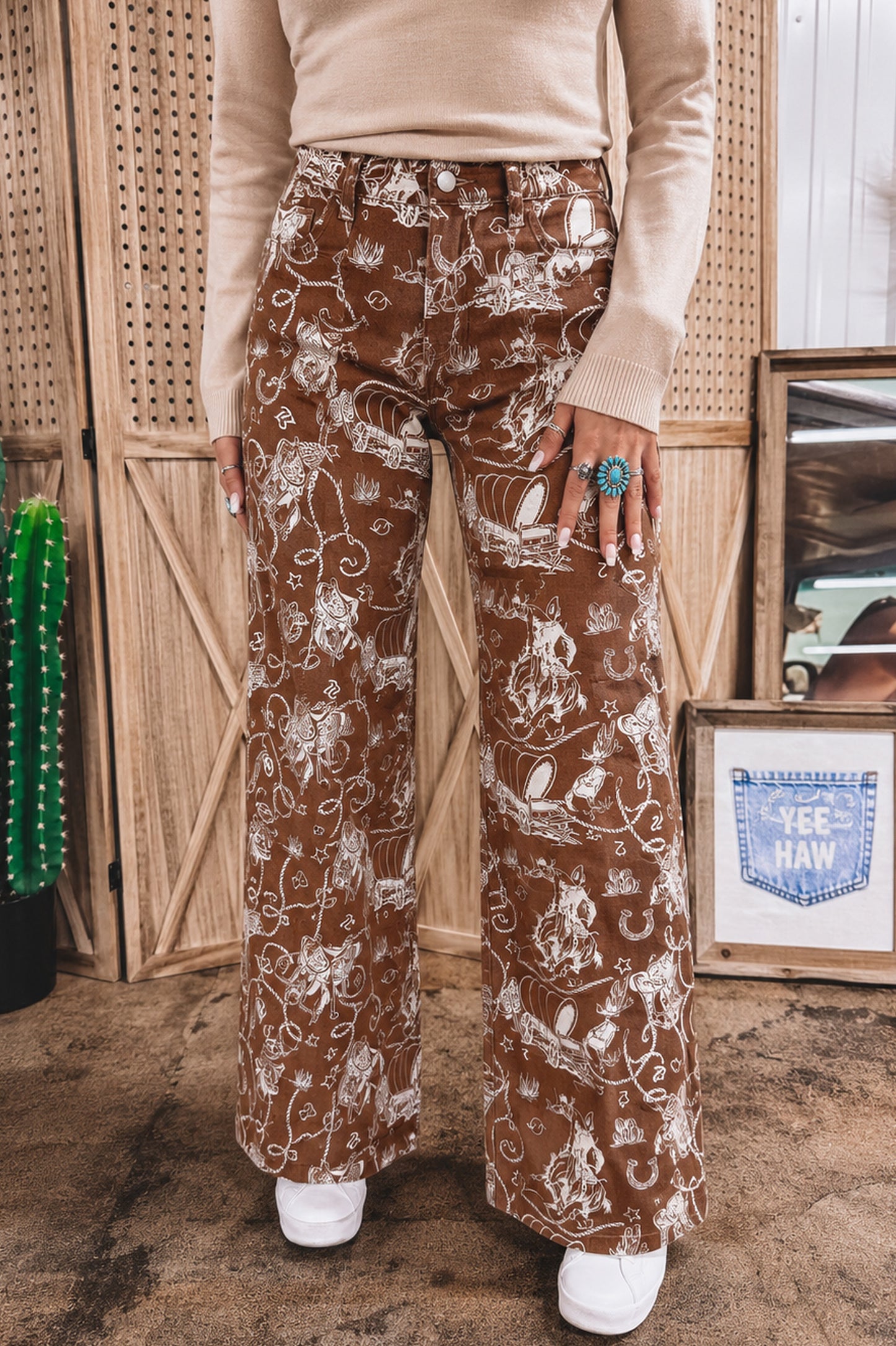 Brown Western Print Casual Shift Jeans