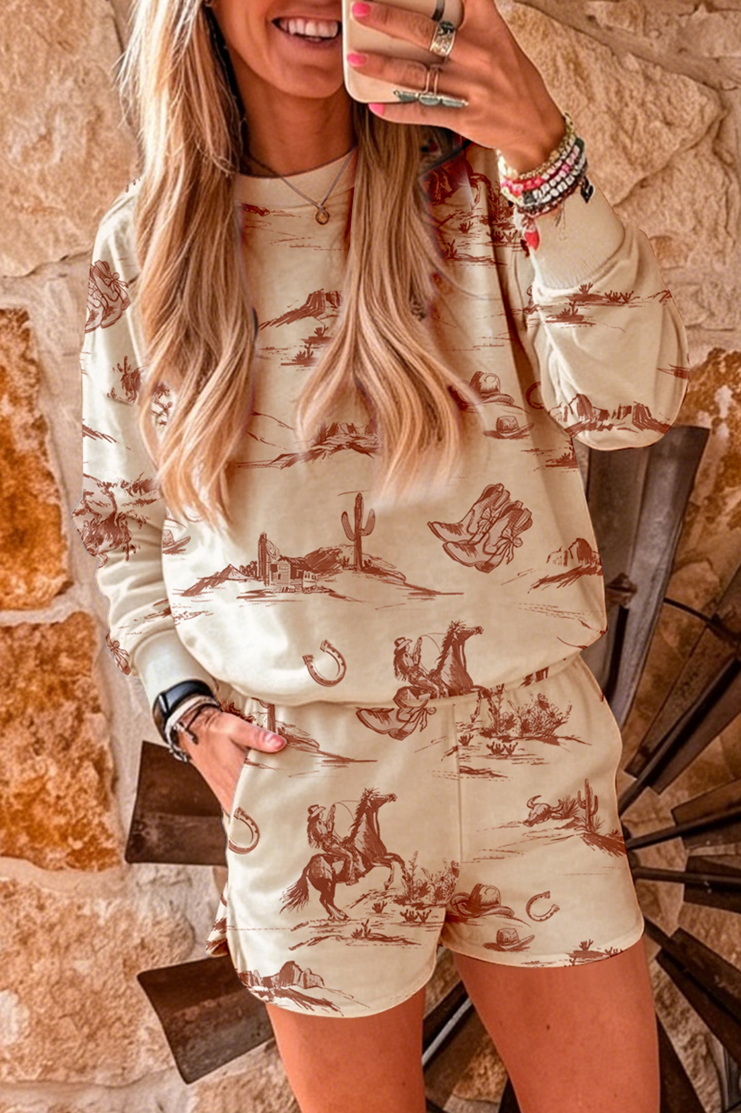 Beige Western Print Loose Fit Long Sleeve Top Short Set