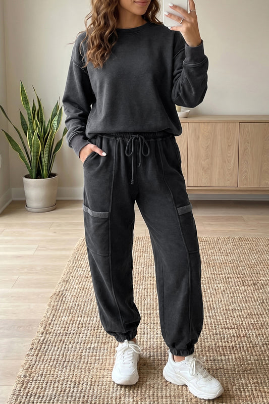Carbon Grey Solid Colorblock Jogger Pants Set