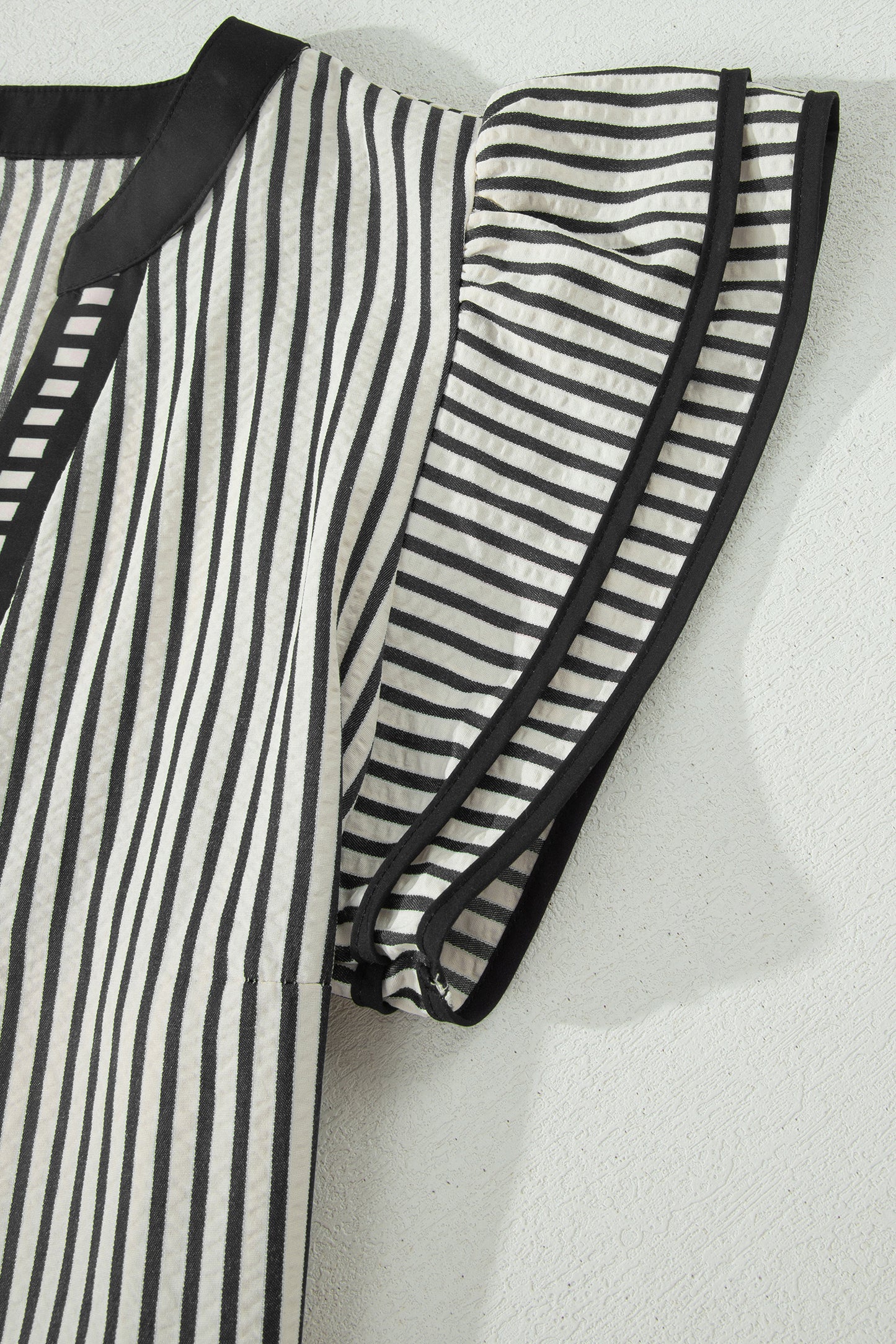 Black Stripe Double Ruffled Short Sleeve V Neck Blouse