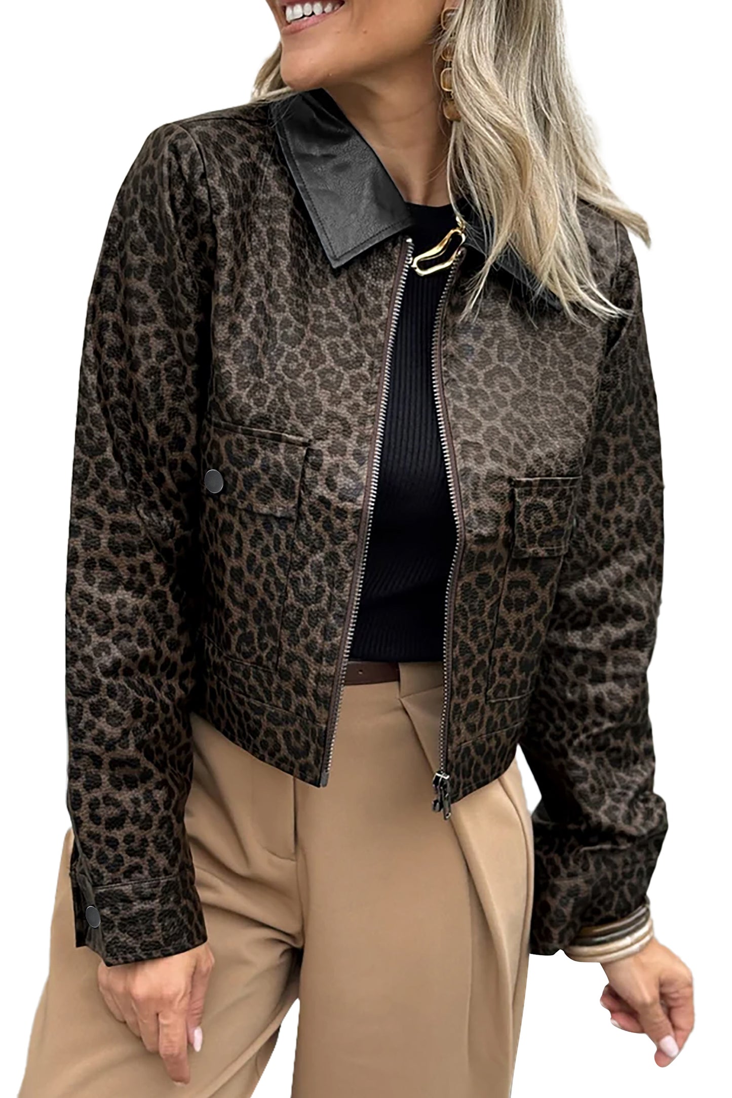 Multicolour Leopard Print Colorblock Collar Metal Placket Jacket