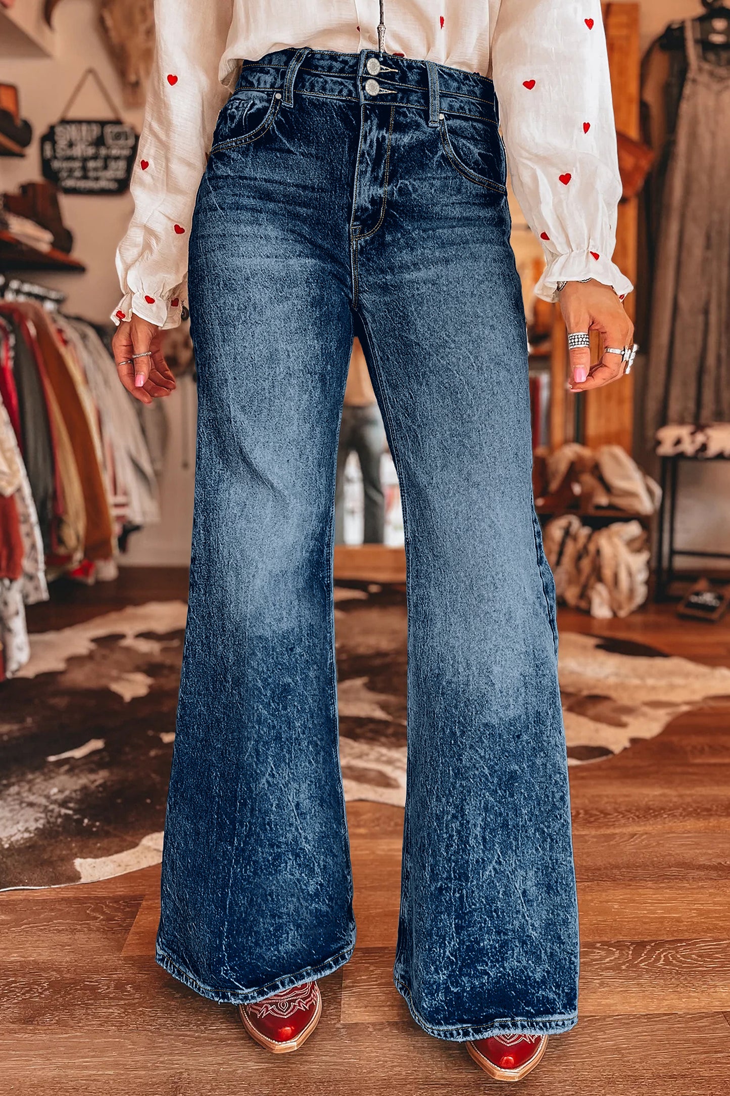 Sail Blue Acid Wash Pocket Detail Flare Jeans