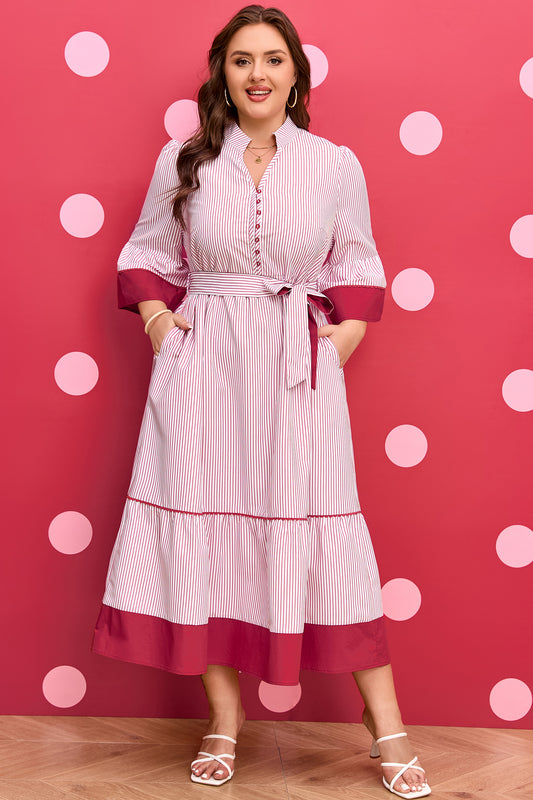 Red Stripe Plus Size Ruffled Hem Pinstriped Midi Dress
