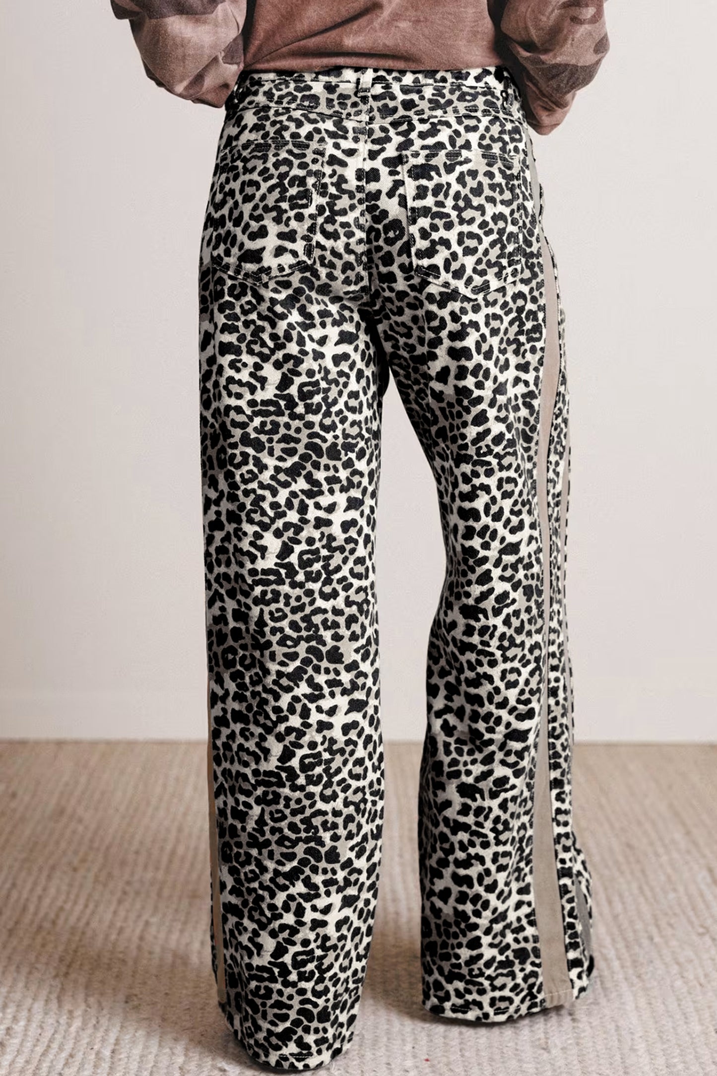 Khaki Leopard Print Drawstring Waist Straight Leg Jeans