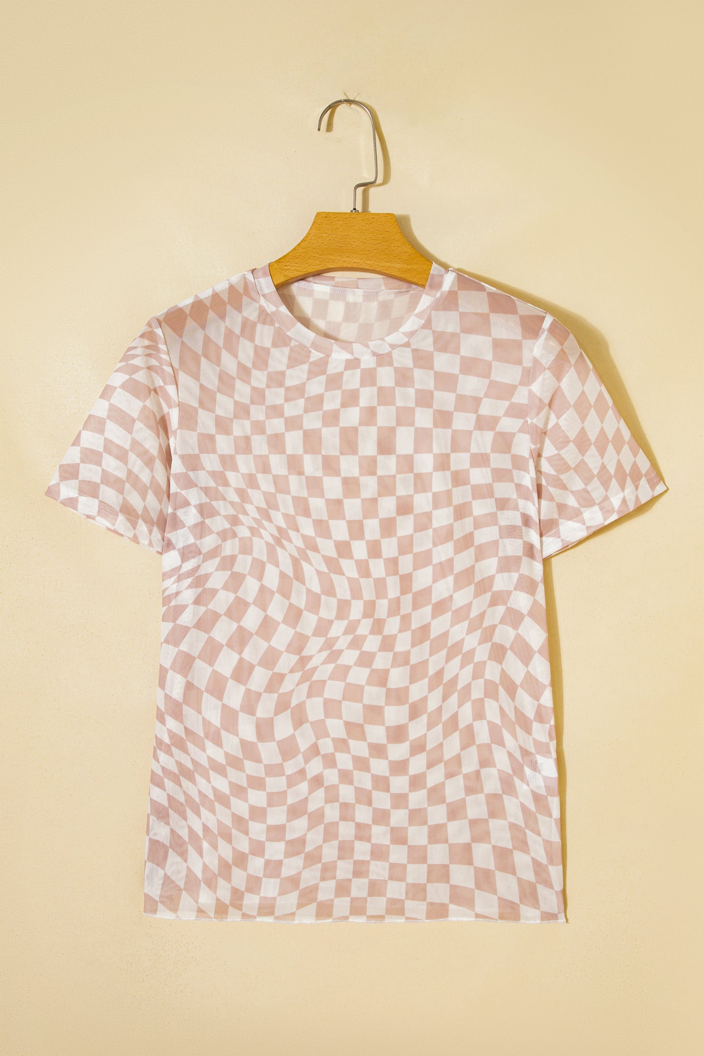 Purple Checkered Print Mock Neck Mesh T Shirt