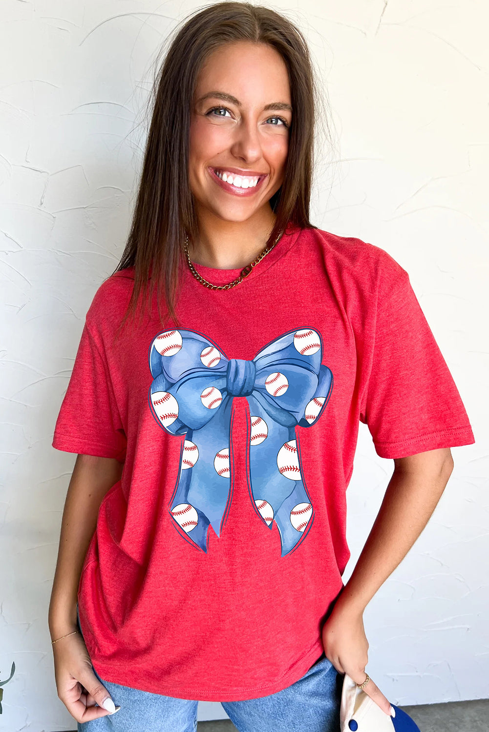 Red Rugby Bowknot Graphic Crew Neck Tee