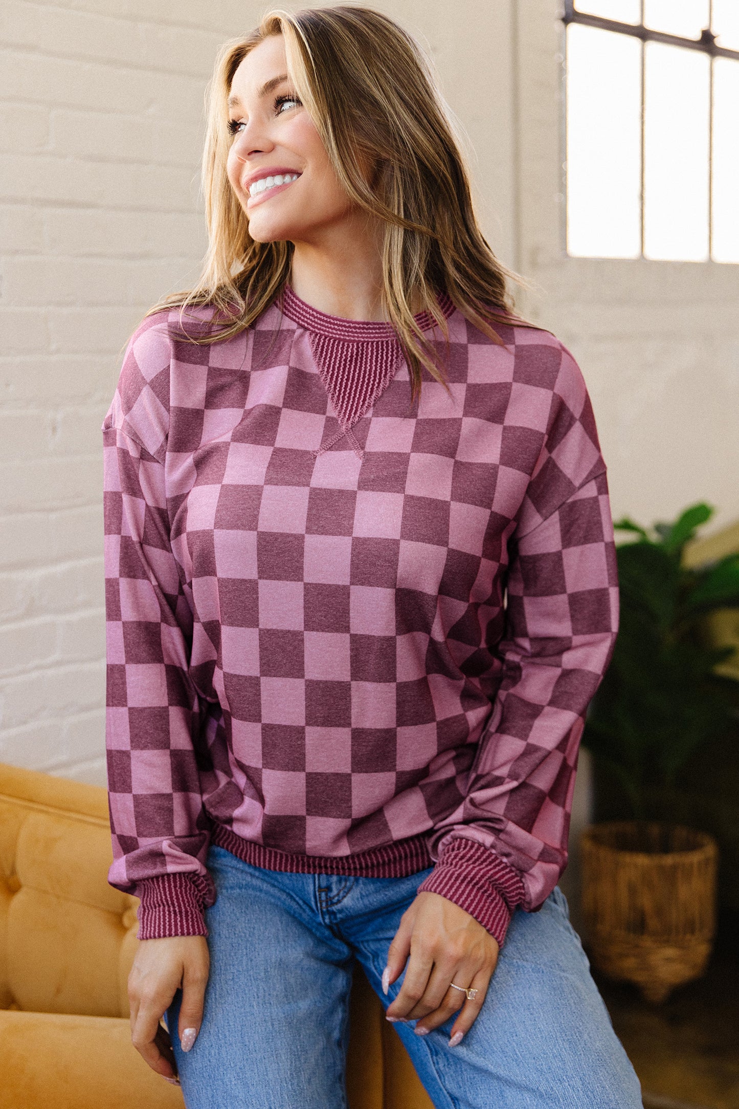 Red Ribbed Trim Checkered Print Long Sleeve Pullover Top