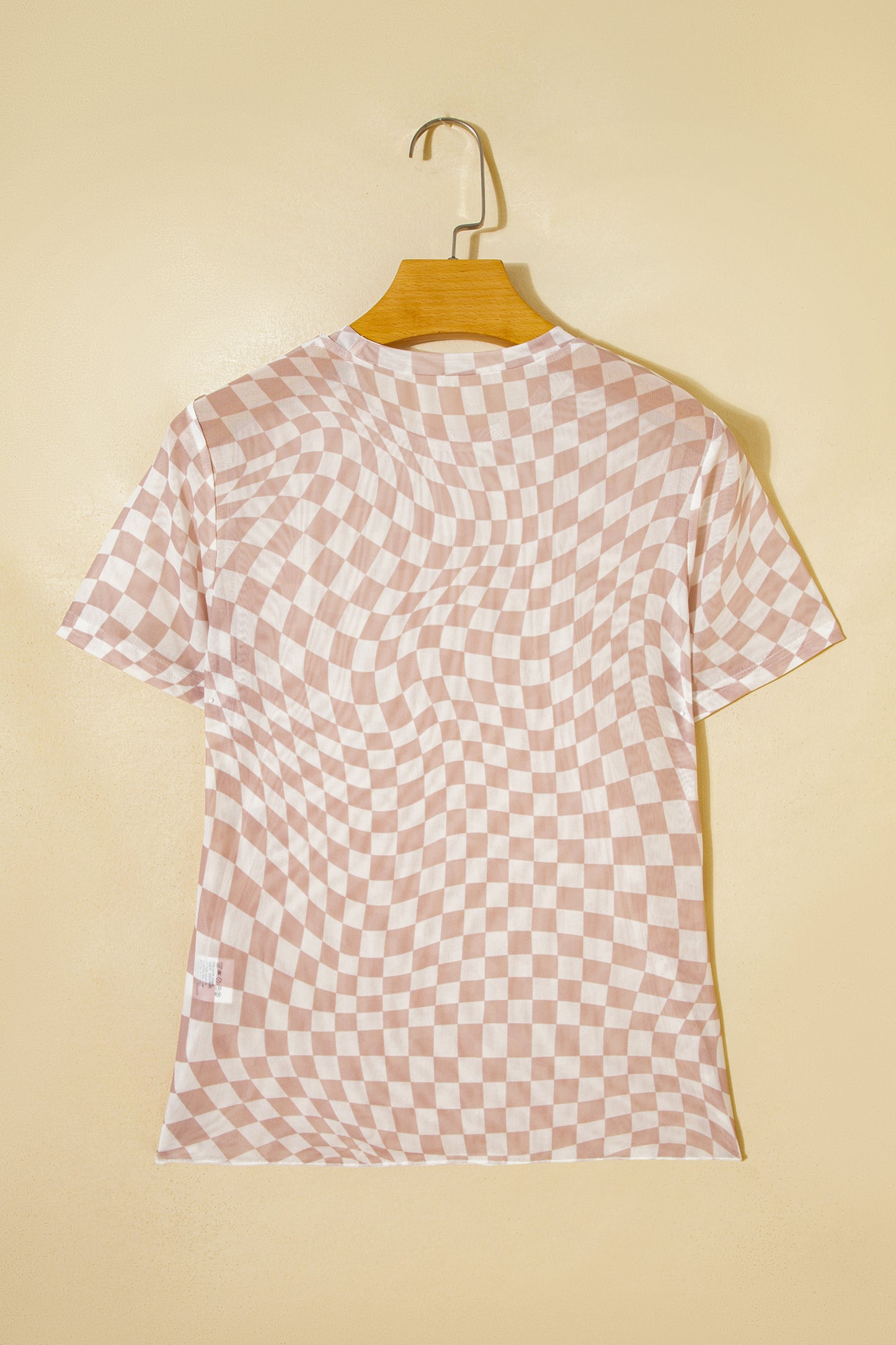 Purple Checkered Print Mock Neck Mesh T Shirt