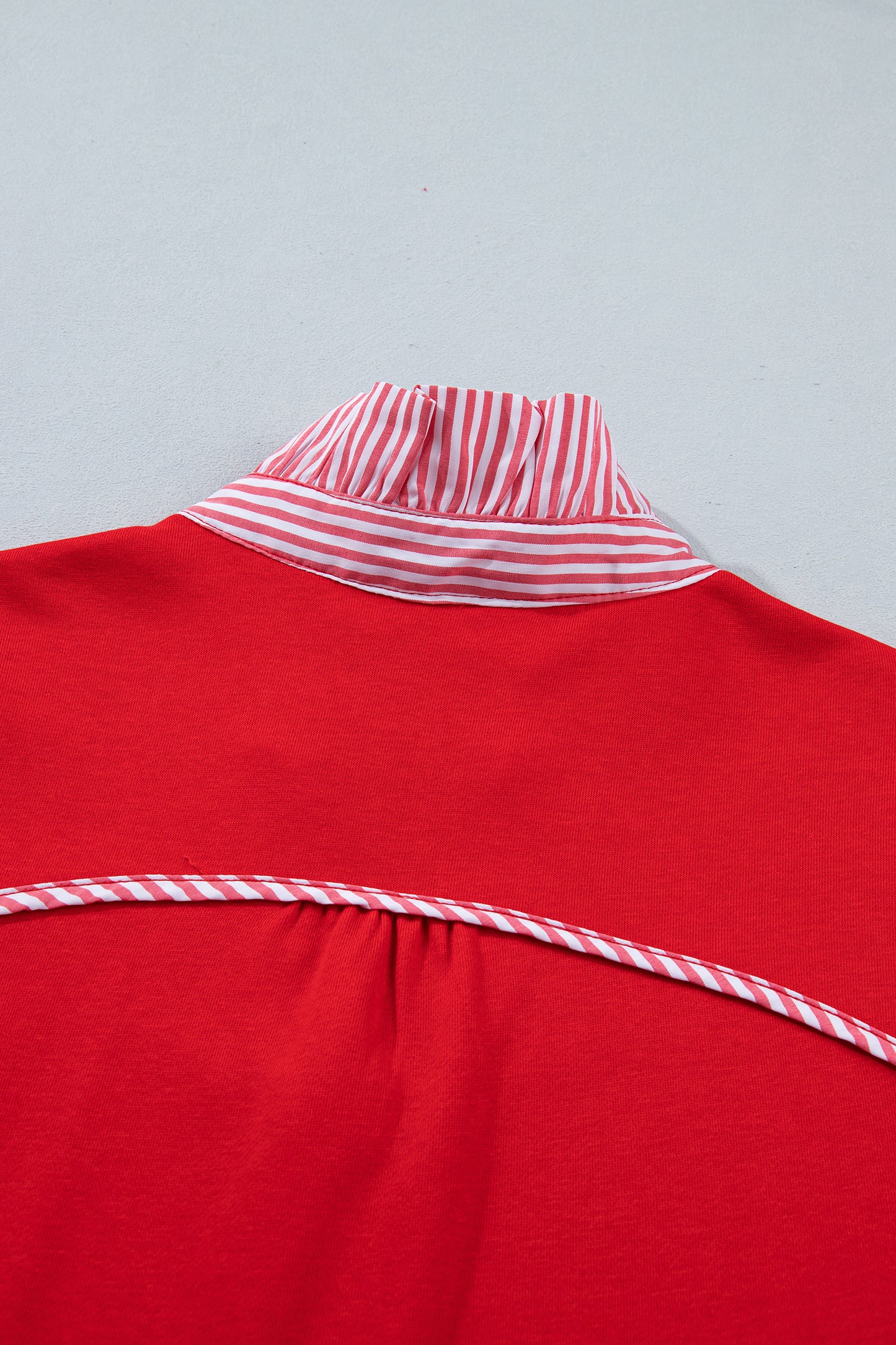 Fiery Red Striped Frilled Collar Short Sleeve Blouse