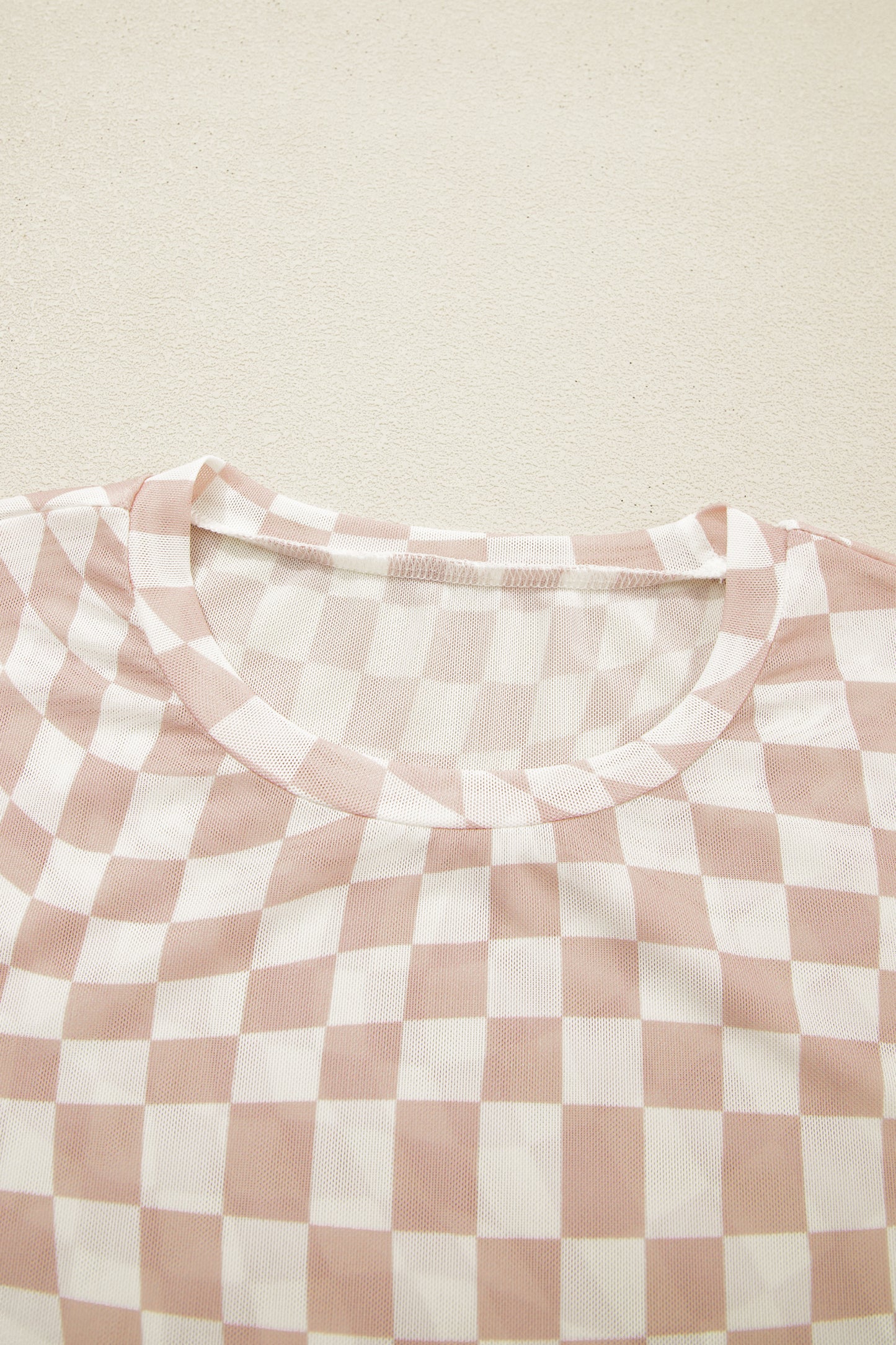 Purple Checkered Print Mock Neck Mesh T Shirt