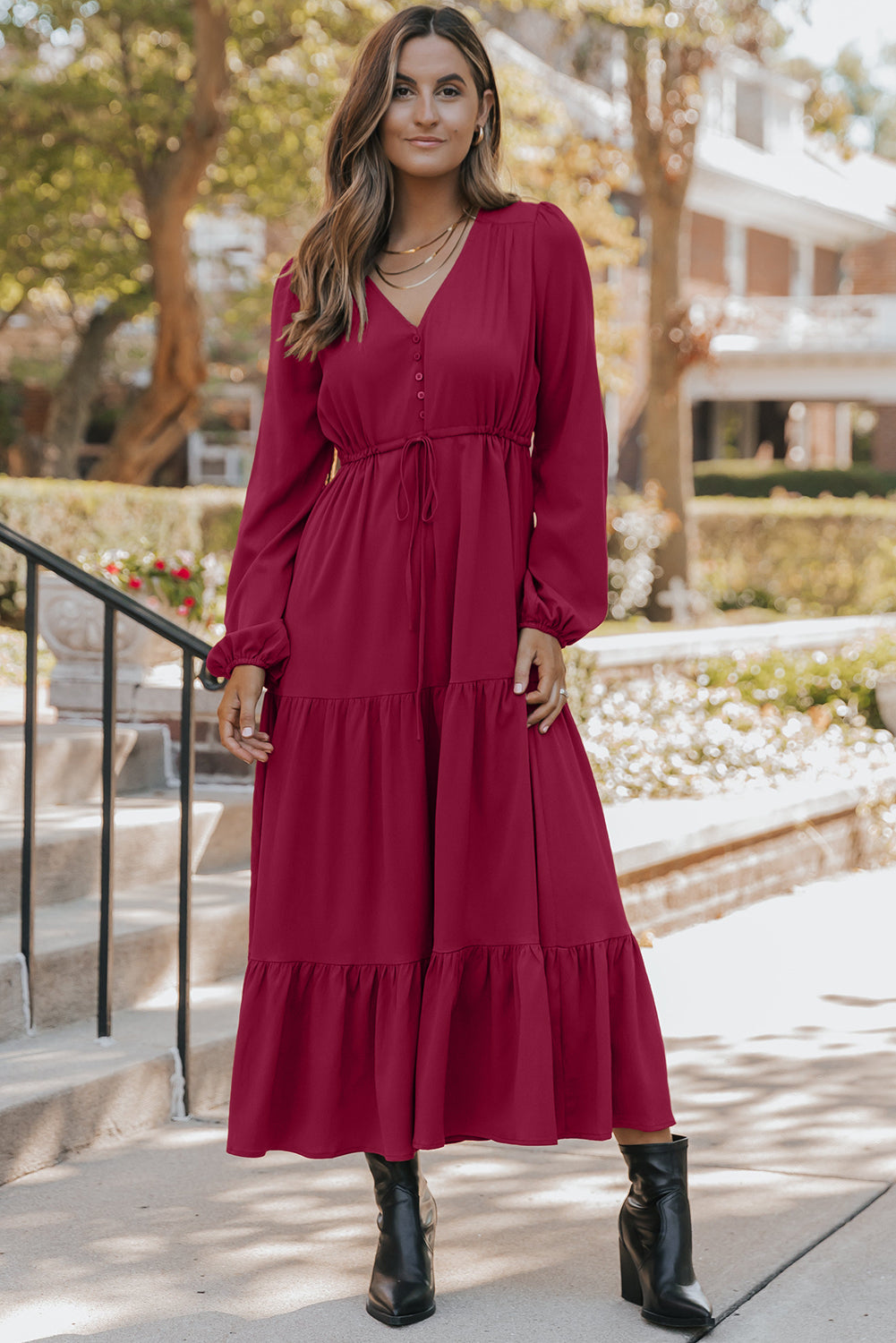Blackish Green Solid Long Sleeve Button V Neck Tiered Maxi Dress