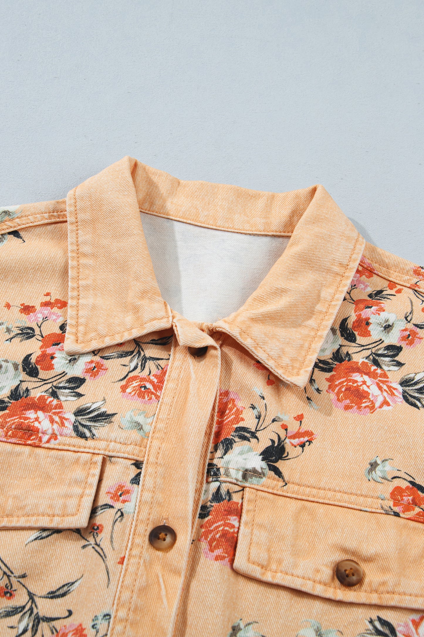 Khaki Floral Print Long Sleeve Denim Jacket Shift Silhouette Tunic Length Casual Daily Wear