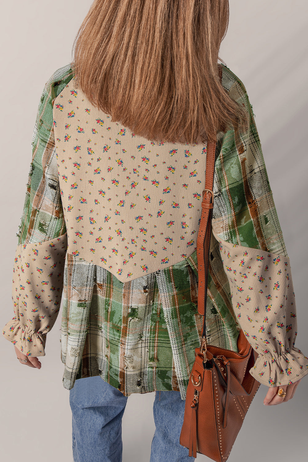 Oatmeal Boho Floral Plaid Patchwork Distressed Detail Ruffled Sleeve Waffle Knit Shacket