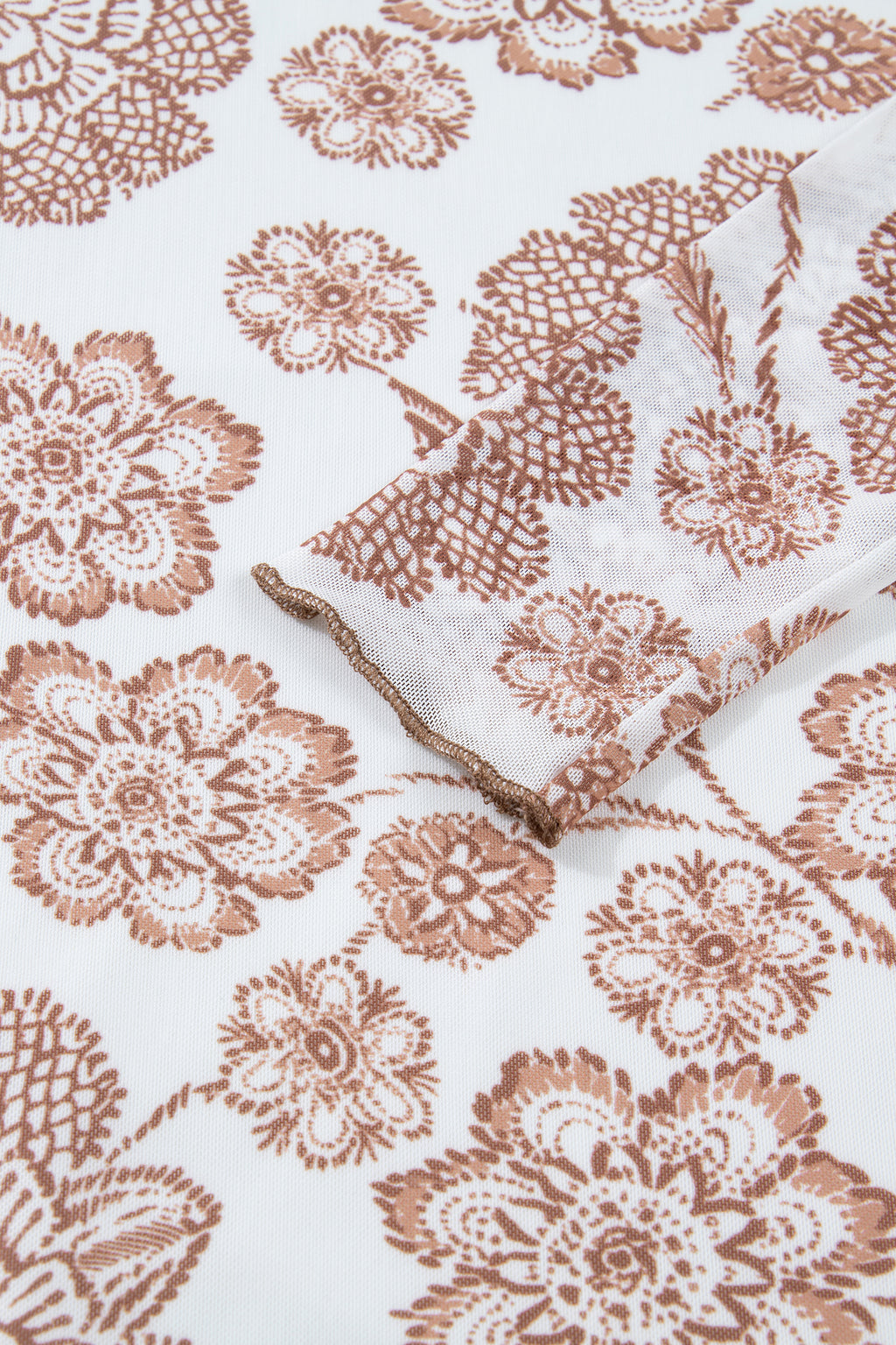 Brown Thumbhole Long Sleeve Floral Print Mesh Top