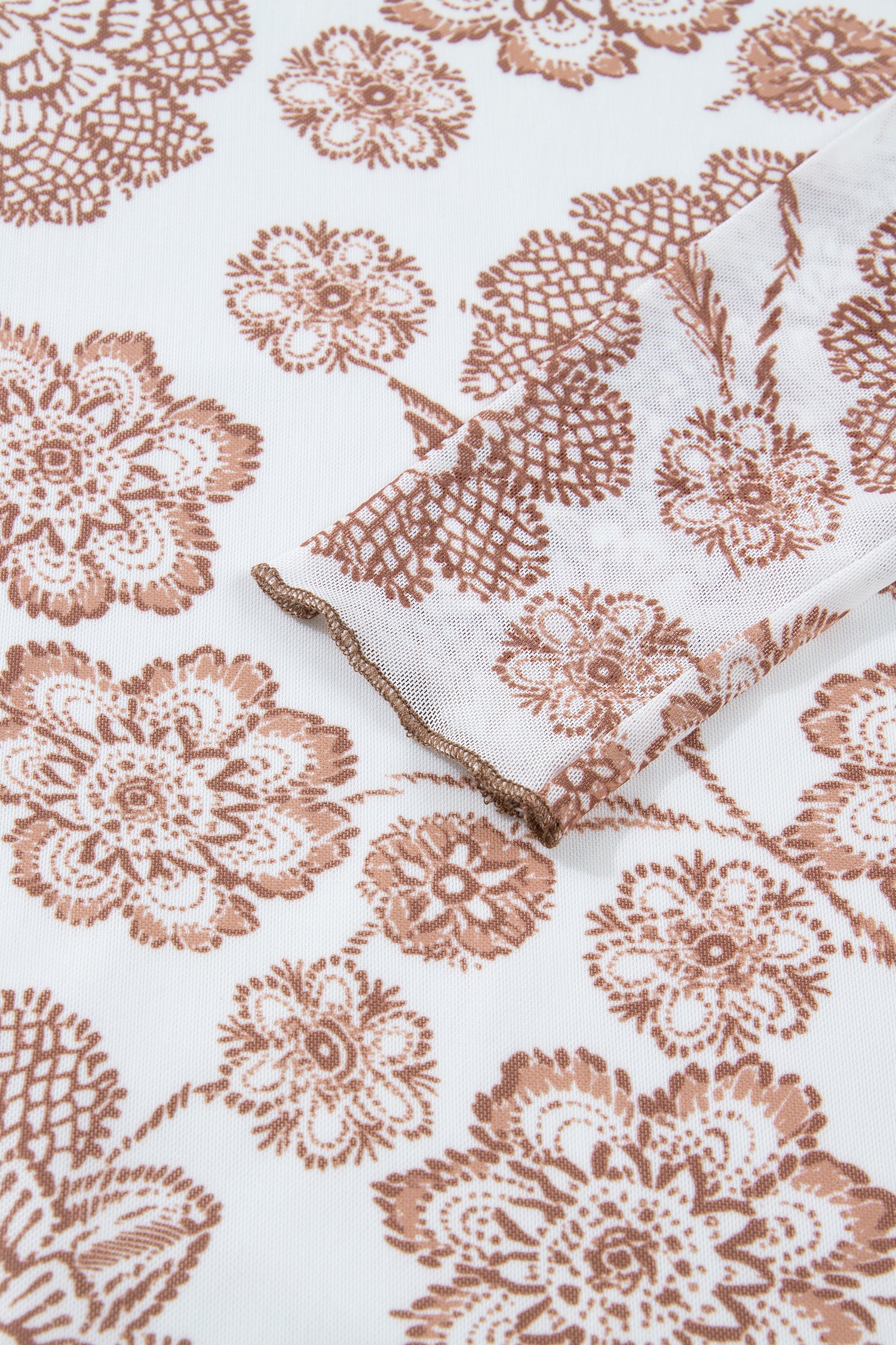 Brown Thumbhole Long Sleeve Floral Print Mesh Top