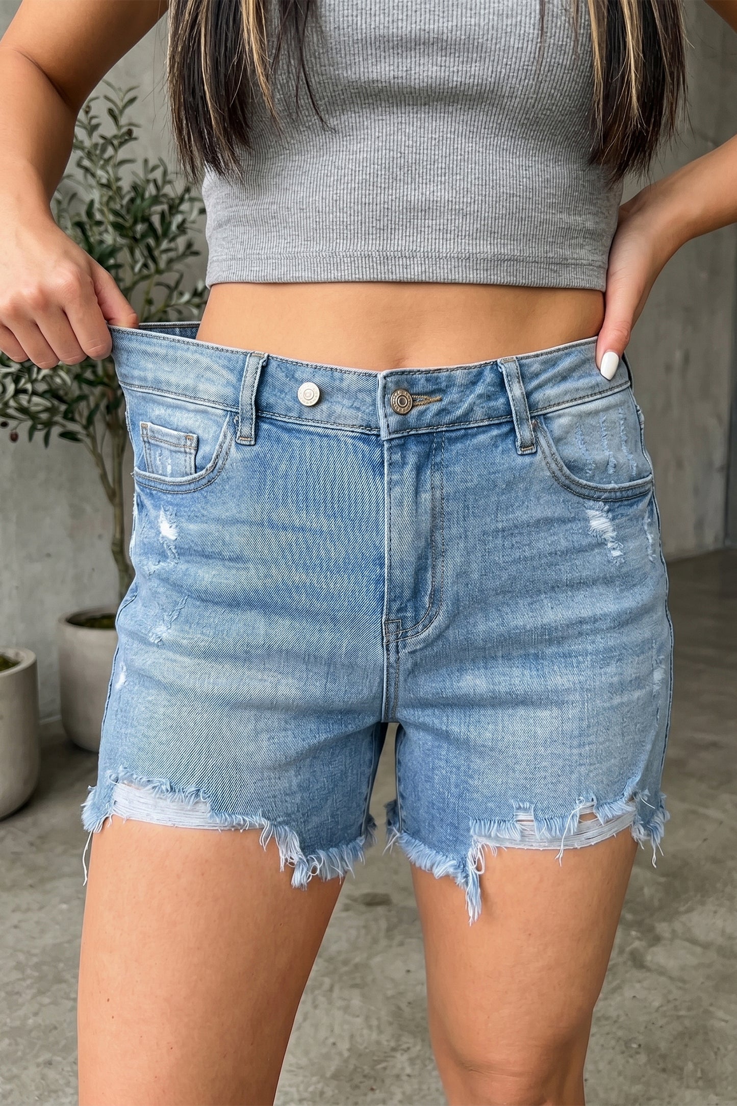 Beau Blue Asymmetric Raw Hem Distressed Whiskery Denim Shorts