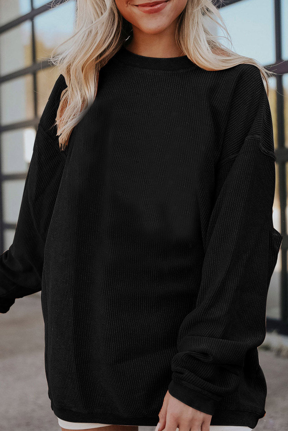 Strawberry Pink Ribbed Corduroy Oversized Sweatshirt