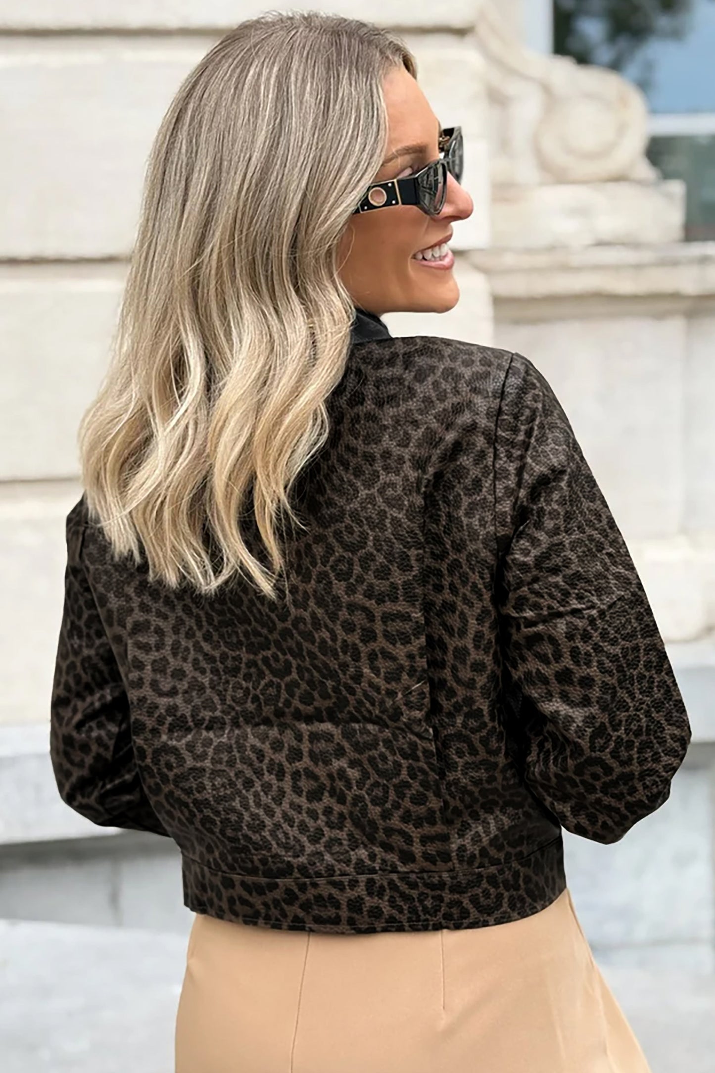 Multicolour Leopard Print Colorblock Collar Metal Placket Jacket