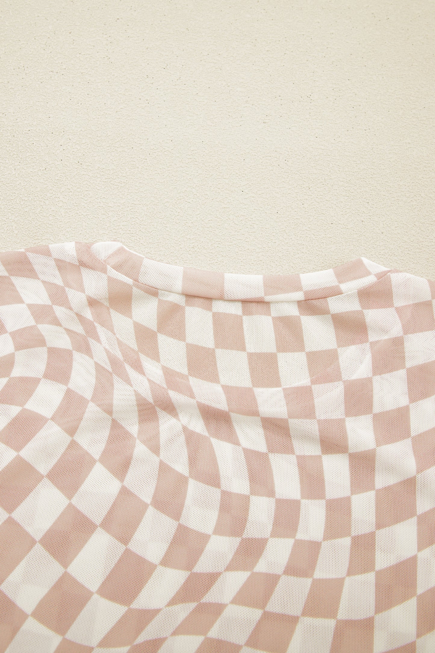 Purple Checkered Print Mock Neck Mesh T Shirt