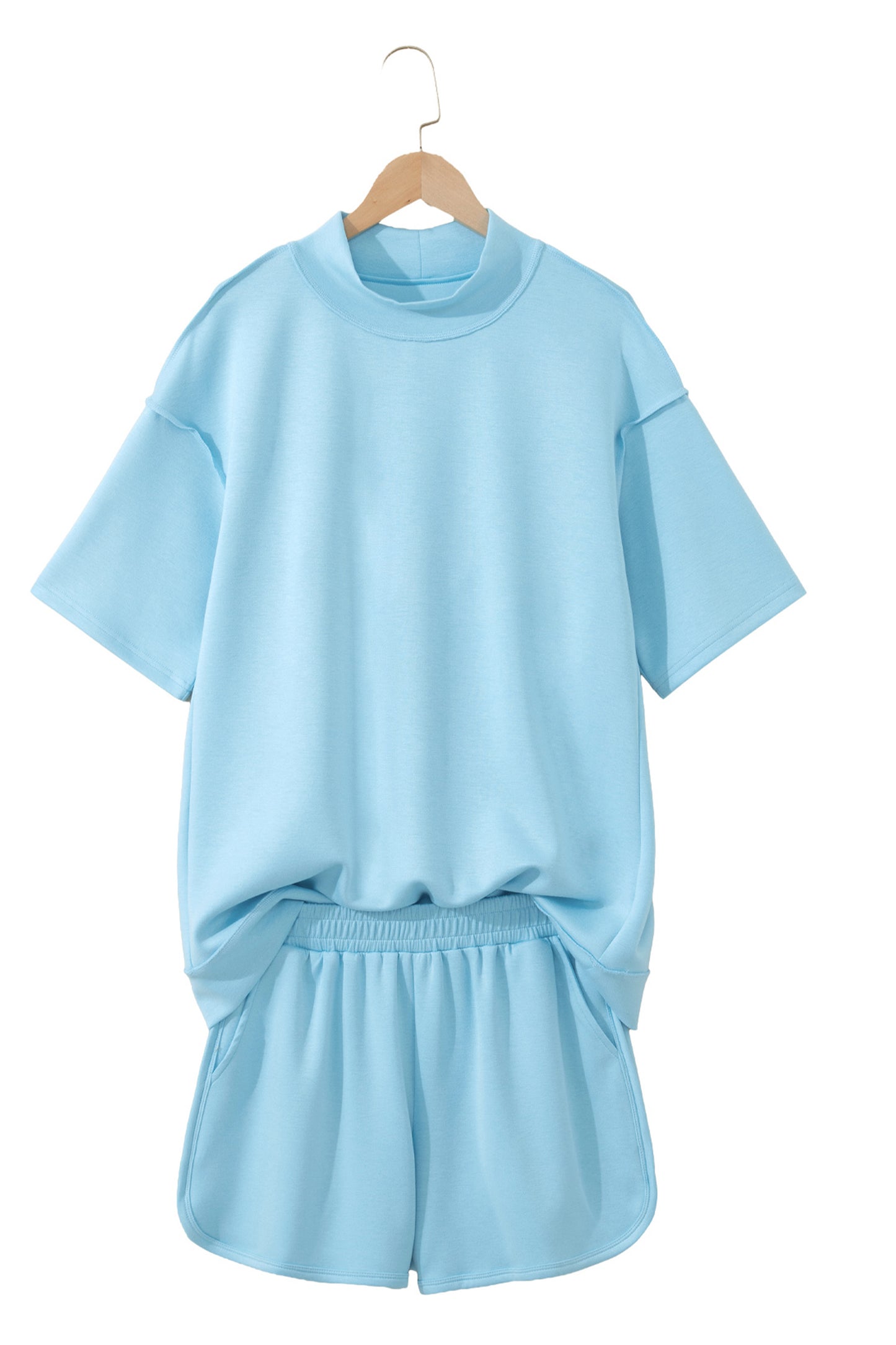 Yellow Cream Solid Color Exposed Seam Mock Neck Oversize Tee Casual Shorts 2pcs Outfit