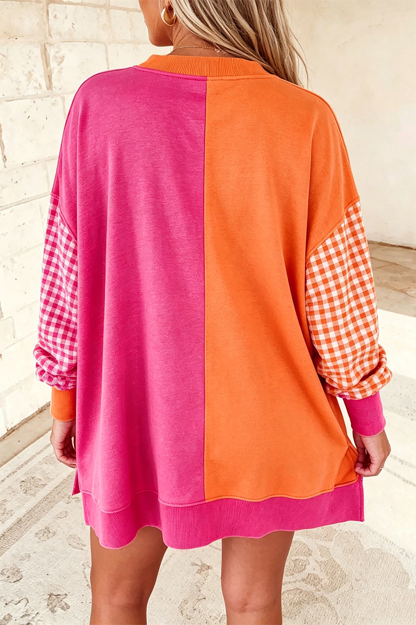 Rose Red Colorblock Gingham Sleeve Crewneck Sweatshirt