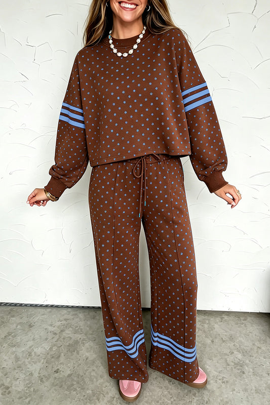 Brown Polka Dot Print Colorblock Stripes Detail Relaxed 2pcs Pant Set