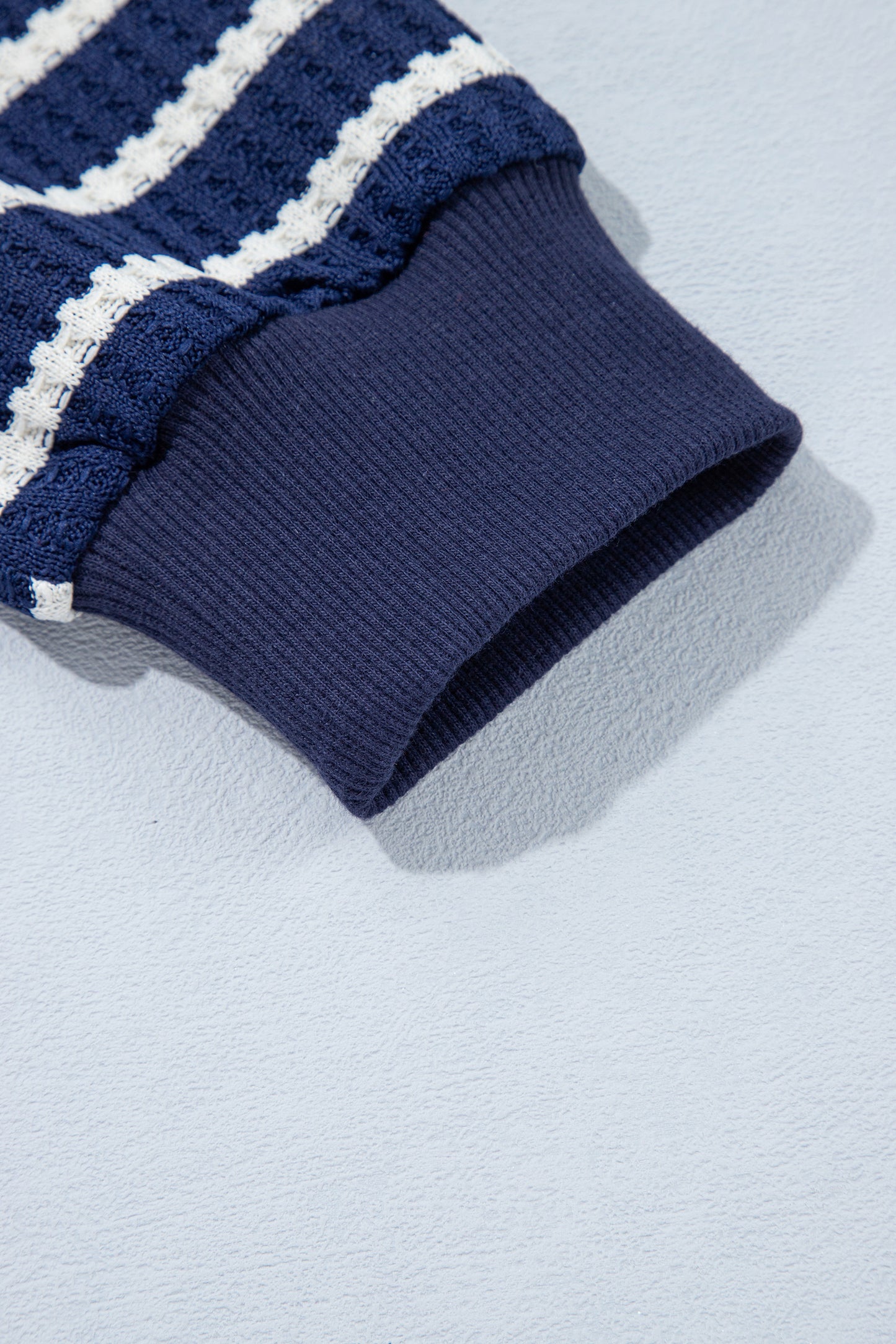 Blue Stripe Textured Knit Half Zip Collared Long Sleeve Top