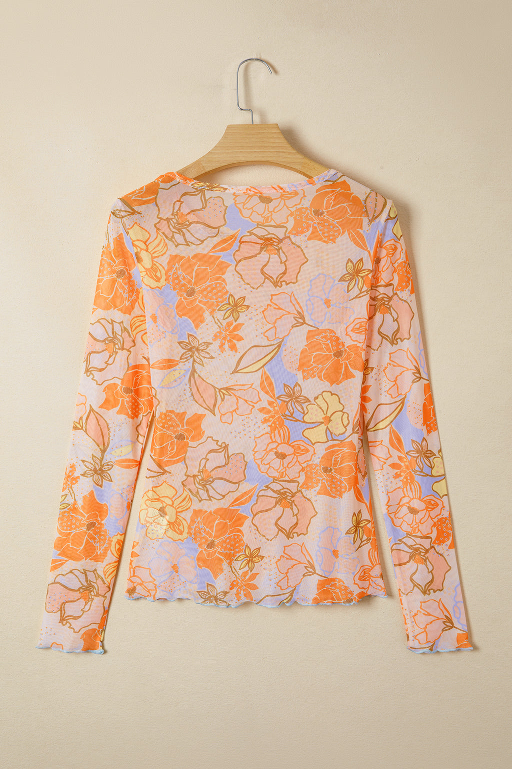 Multicolour Floral Print Lettuce Trim Slim Long Sleeve Top