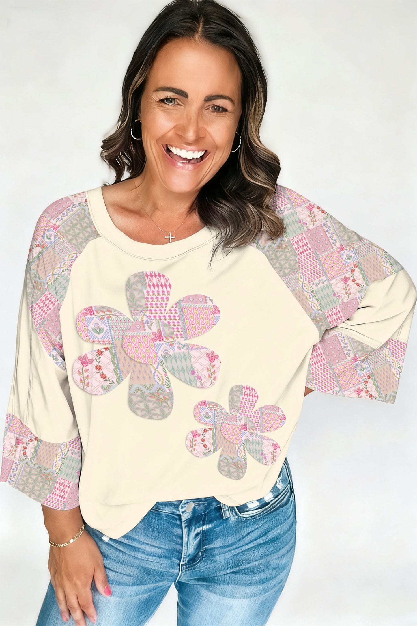 Beige Color Block Retro Floral Patchwork Long Sleeve Top