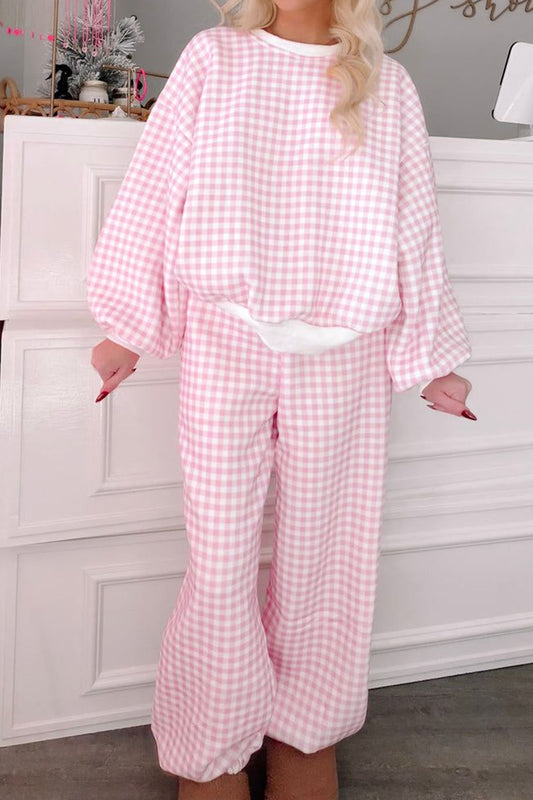 Pink Plaid Long Sleeve Two Piece Pant Set