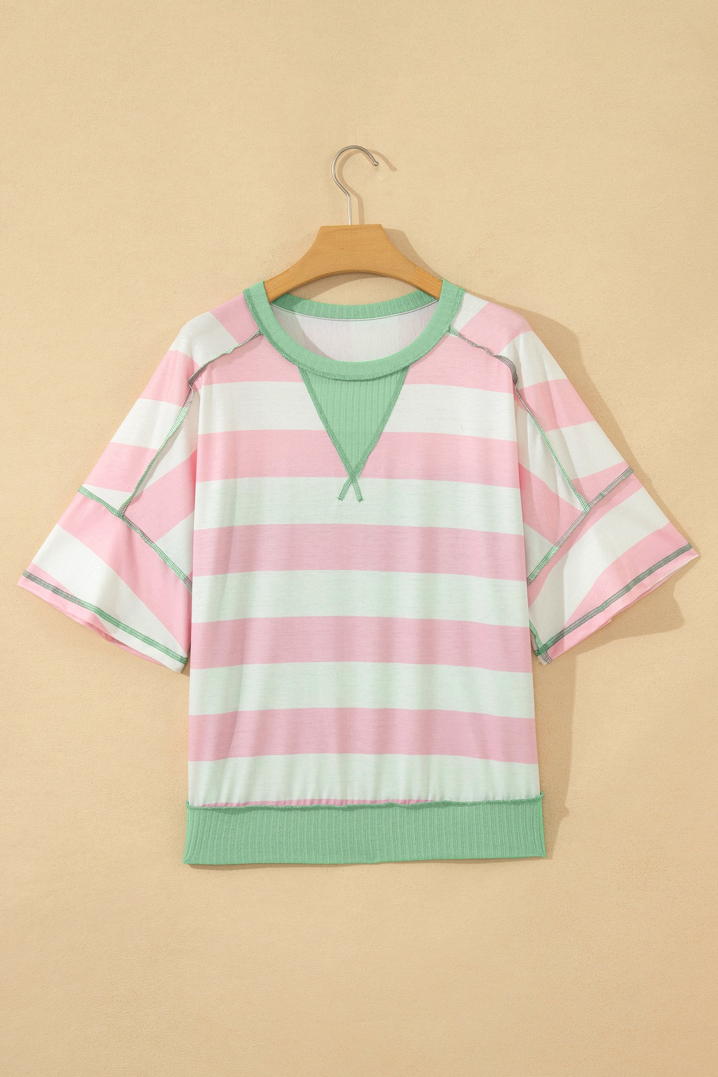 Green Stripe Exposed Seam Ribbed Patchwork Oversized Tee