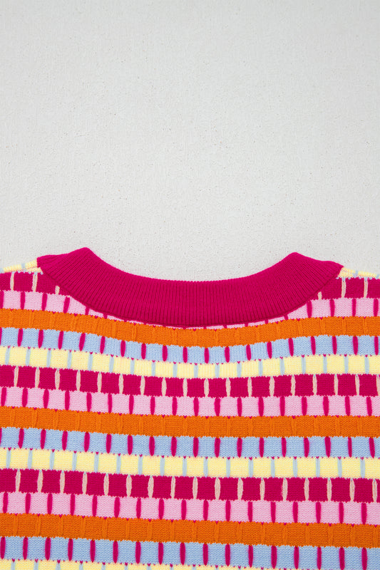 Orange Abstract Striped Knit Short Sleeve Sweater