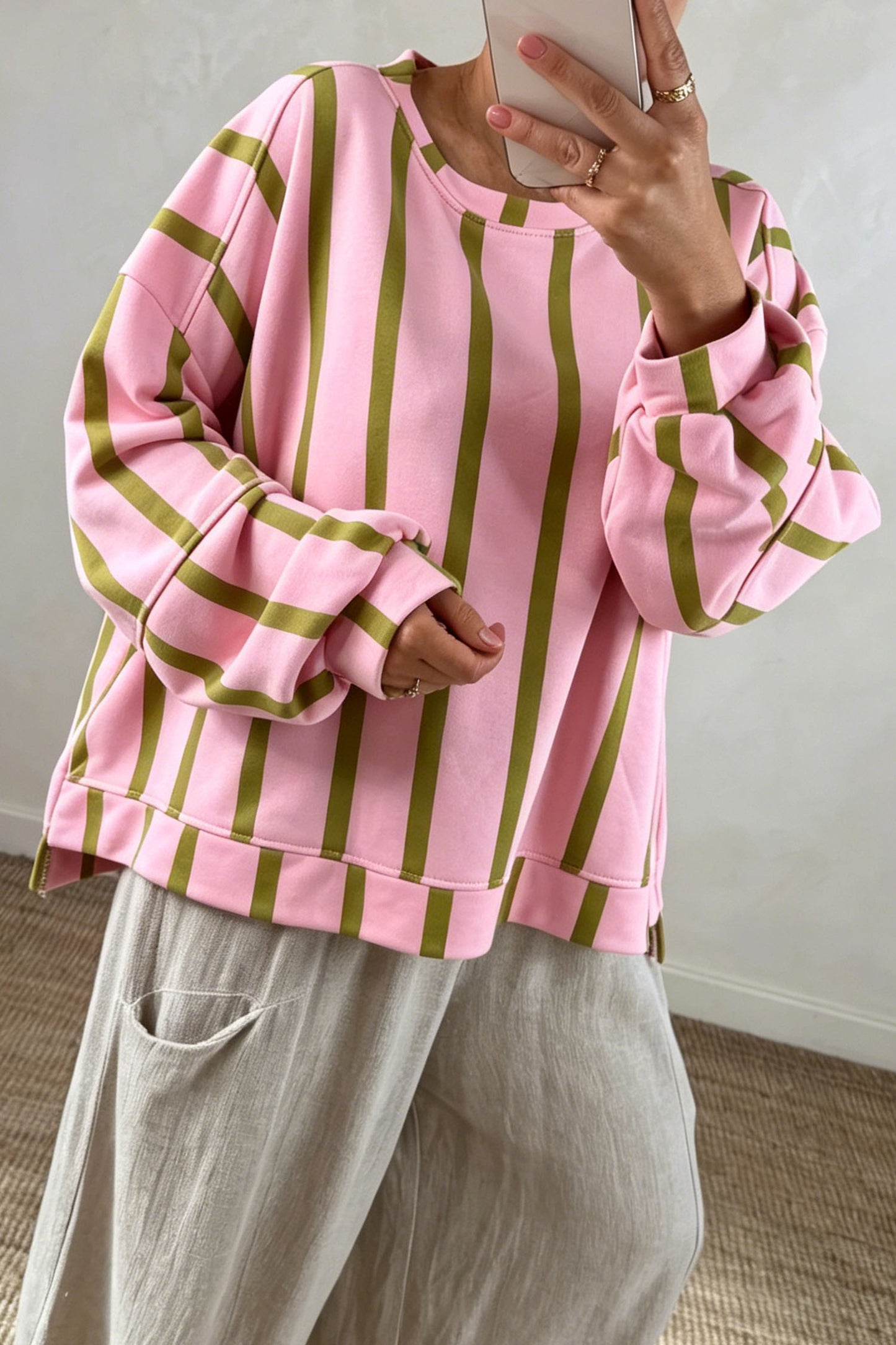 Pink Stripe Dropped Shoulder Round Neck Casual Sweatshirt
