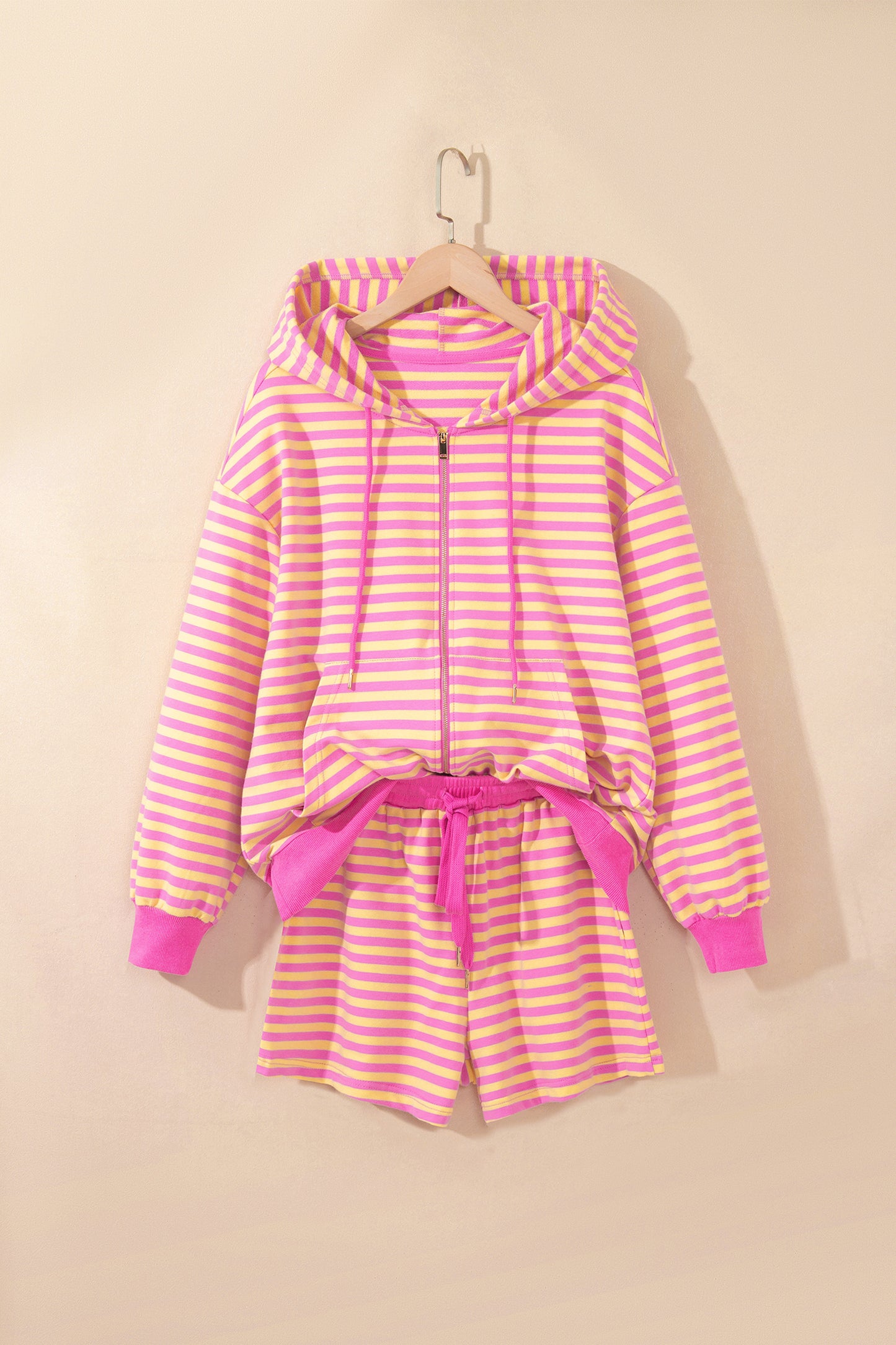 Rose Red Striped Long Sleeve Zip-Up Hoodie Drawstring Elastic Waist 2pcs Short Set