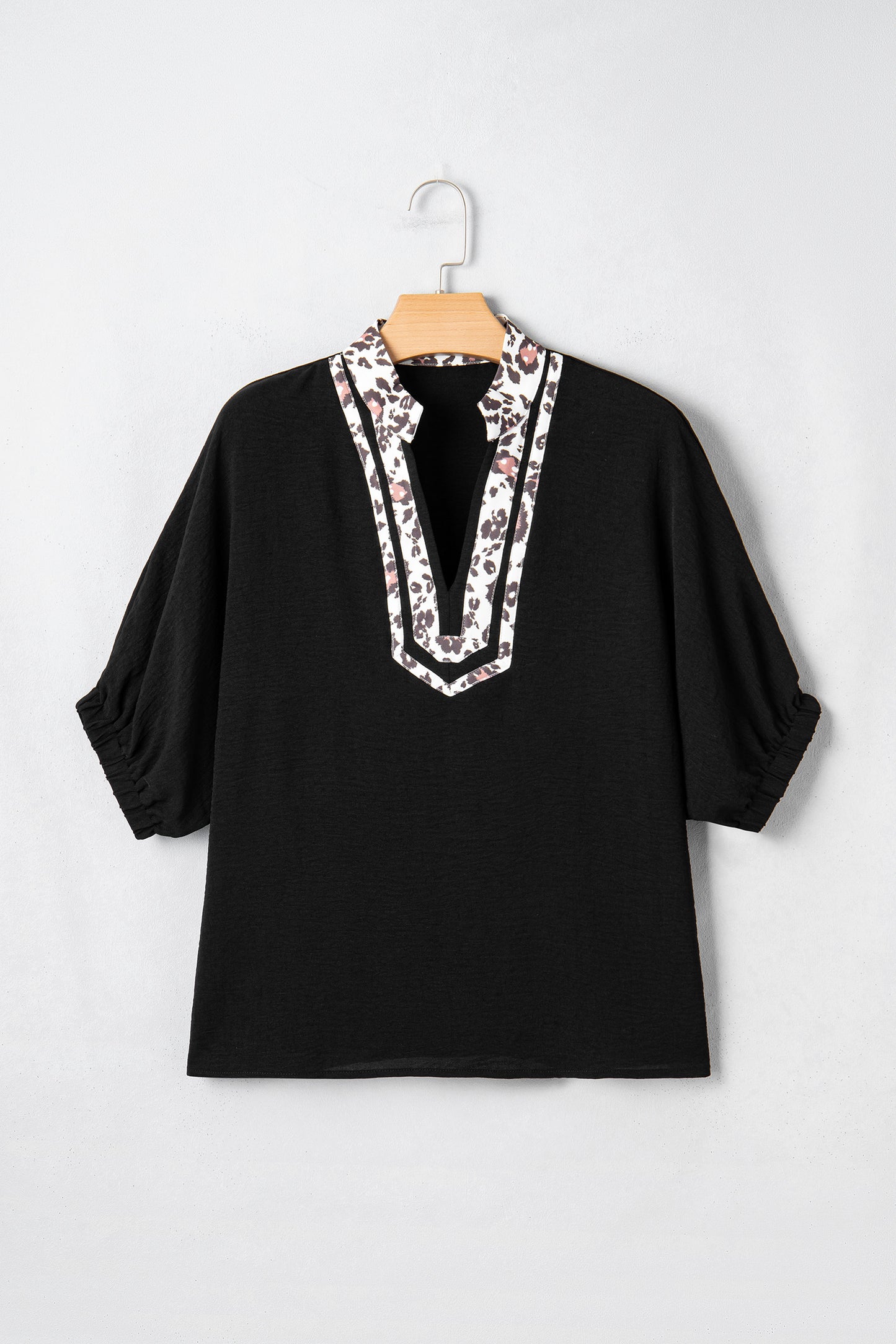Rose Red Dolman Half Sleeve Leopard Patchwork Trim V Neck Blouse