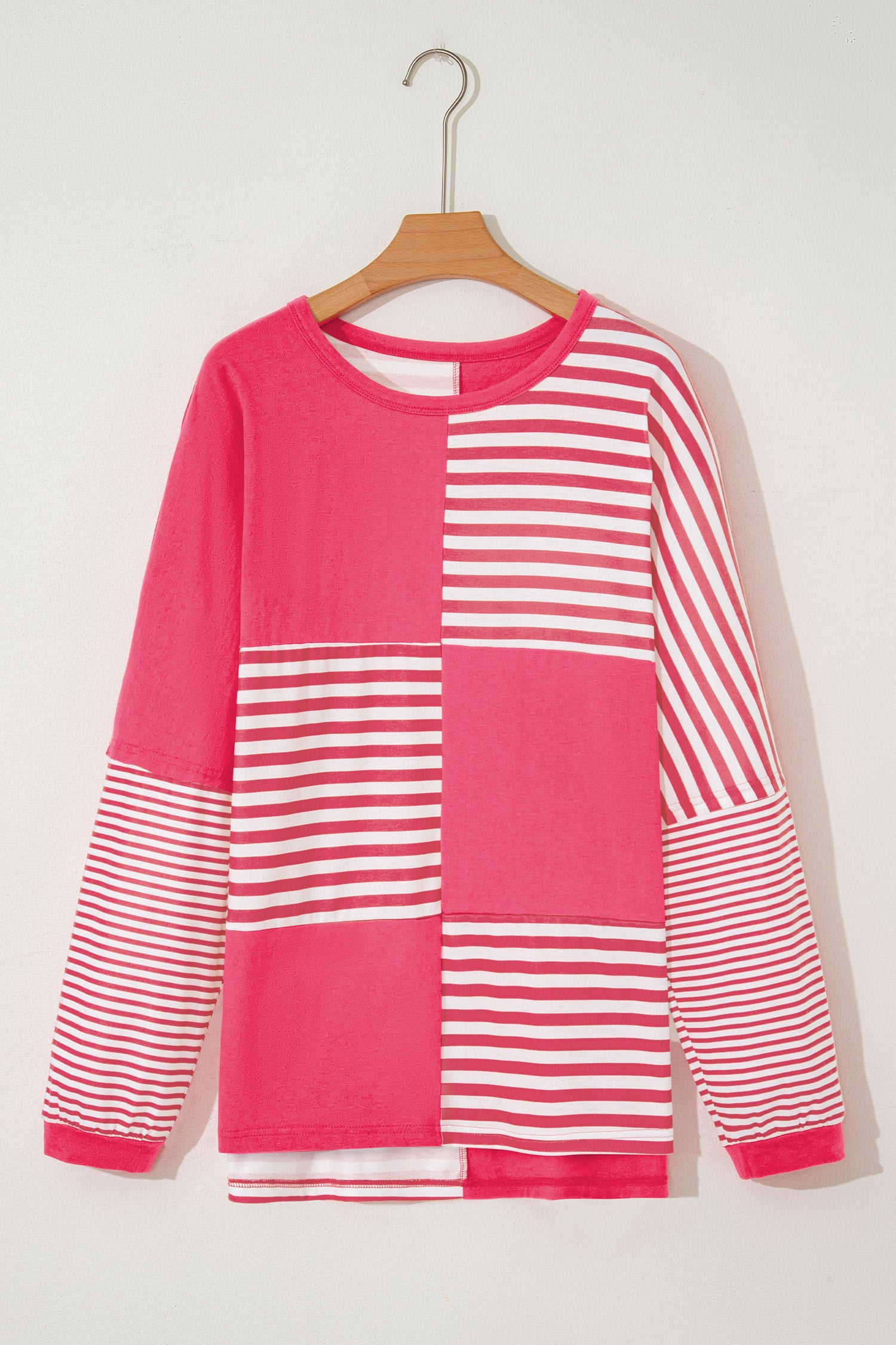 Pink Stripe Color Block Patchwork Drop Shoulder Long Sleeve Tunic Top