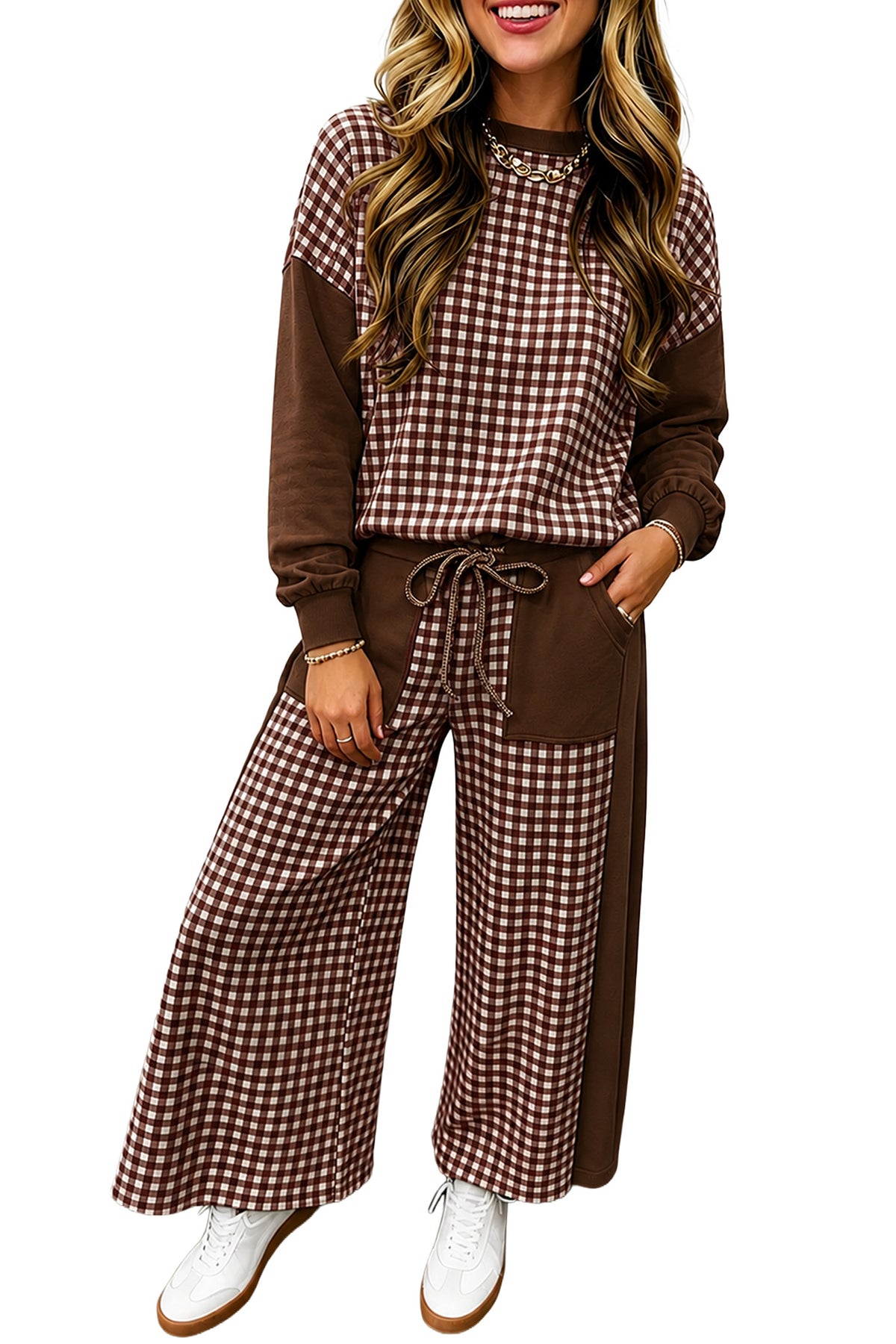 Khaki Color Block Plaid Patchwork Long Sleeve Pullover Wide Leg Pant Set