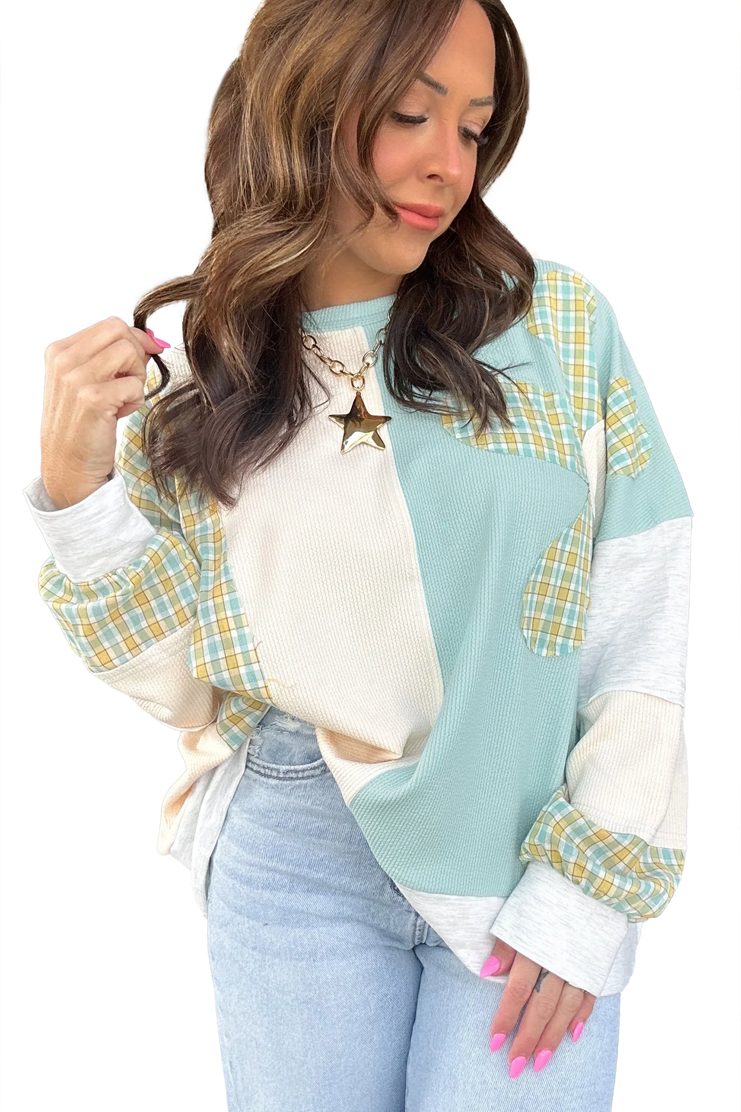 Light Blue Plaid Patchwork Round Neck Long Sleeve Top
