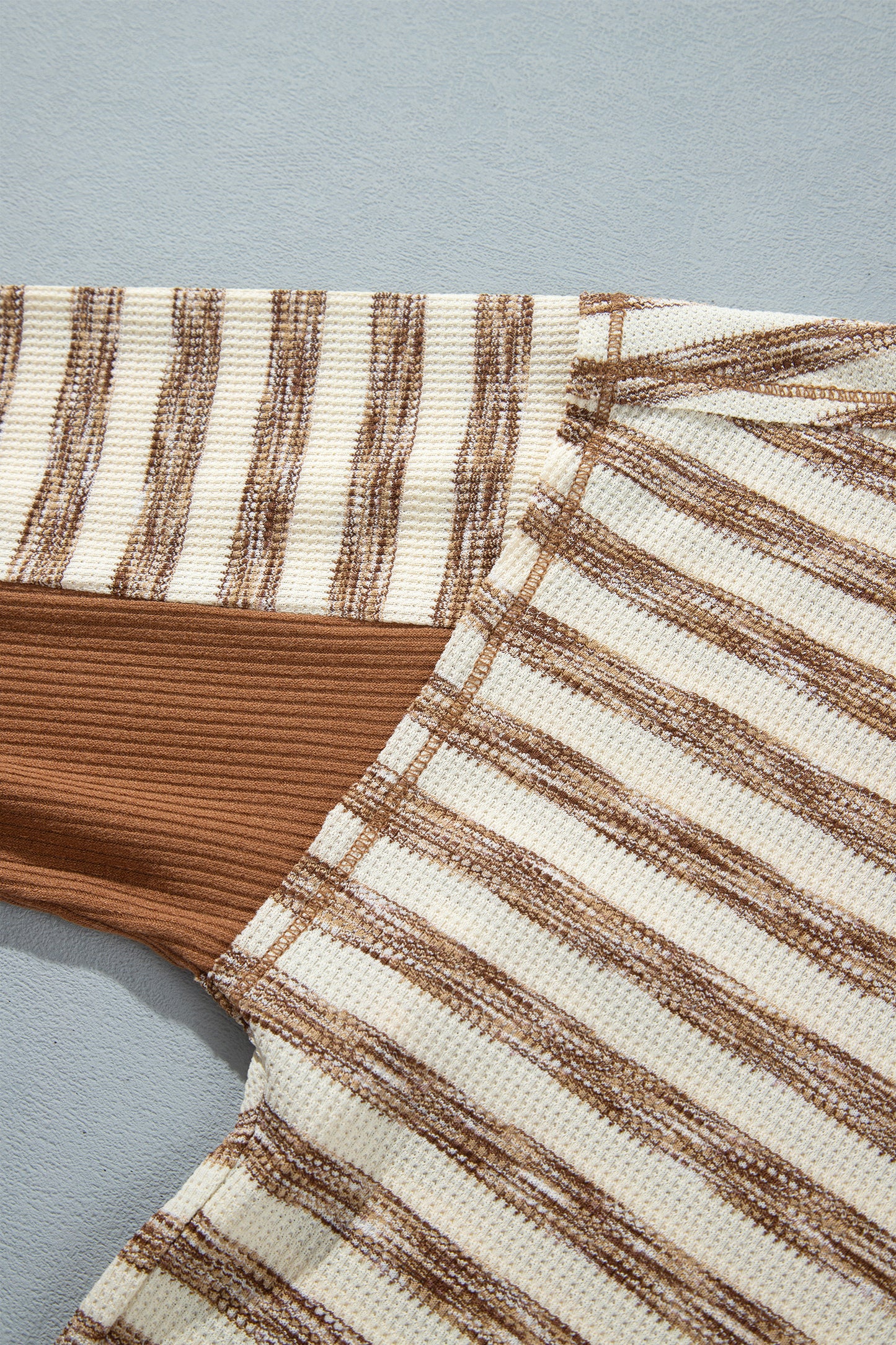 Brown Stripe Textured Knit Color Block Trim Long Sleeve Round Neck Top